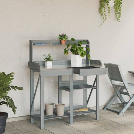 Banc de Rempotage Gris Bois de Sapin Table de Jardinage avec Rangement et Dessus en Zinc Gris – ComfortXL Outdoor Living - Image 3
