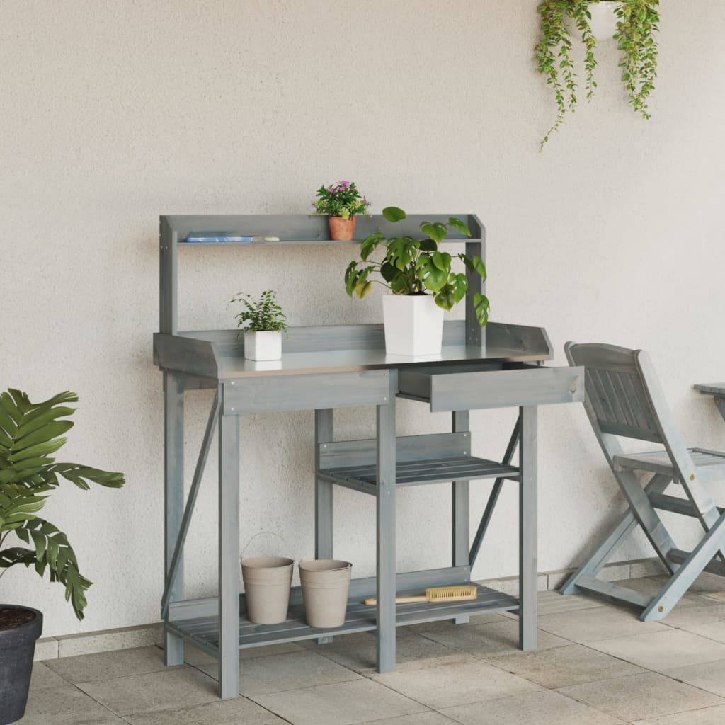 Banc de Rempotage Gris Bois de Sapin Table de Jardinage avec Rangement et Dessus en Zinc Gris – ComfortXL Outdoor Living - Image 3