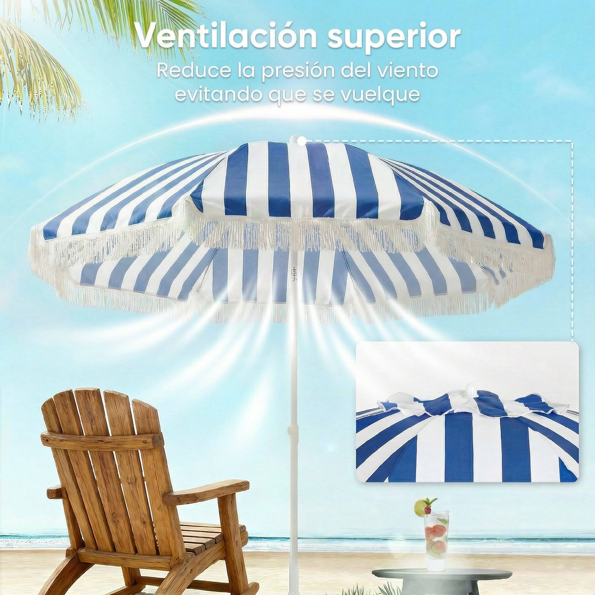 Parasol plage franges Ø180 cm, terrasse exterieur, hauteur ajustable, inclinaison 30°, bleu blanc - Image 8