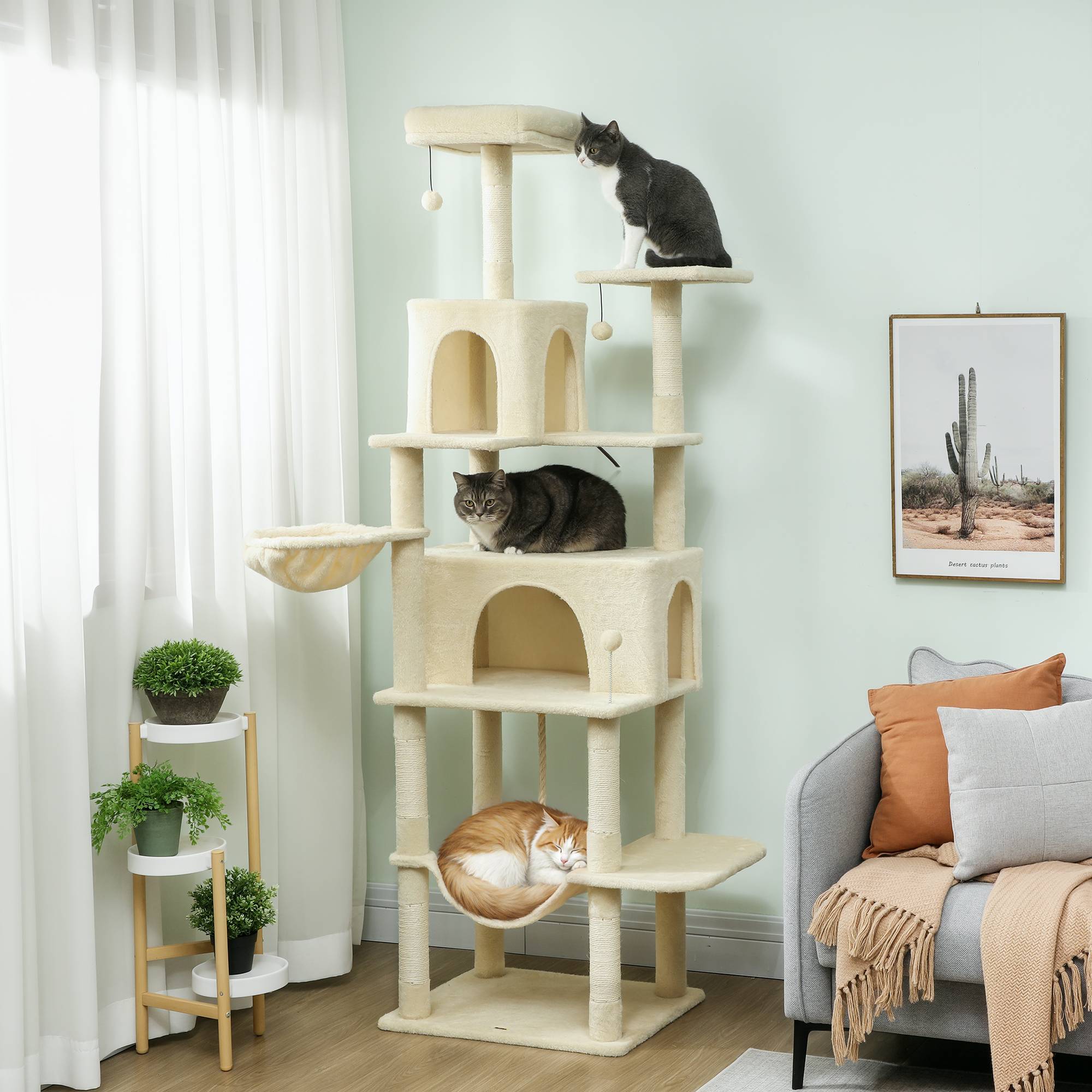 Arbre à chat beige 60x48x202 cm, plateforme, tour d'escalade, couchage, niches, poteaux sisal, grand format - Image 3