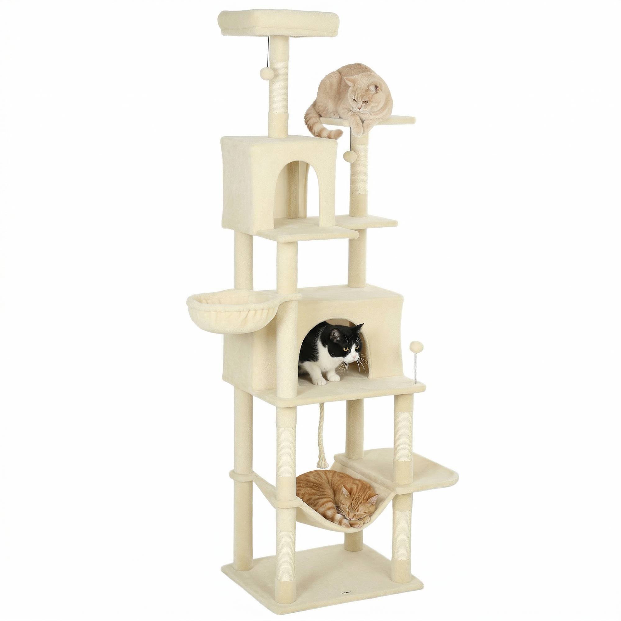 Arbre à chat beige 60x48x202 cm, plateforme, tour d'escalade, couchage, niches, poteaux sisal, grand format - Image 1