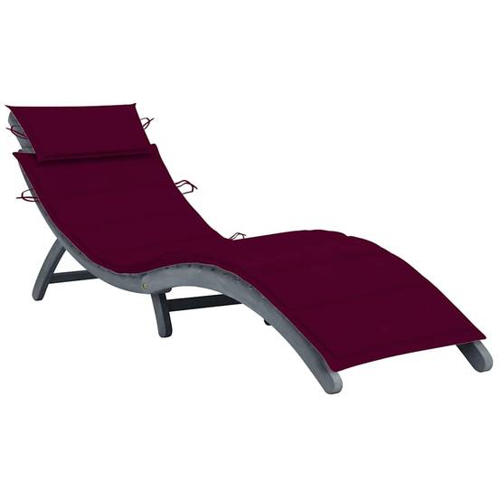 Chaise longue bois d'acacia gris coussin vin rouge 190 x 60 x 51 cm - PANGIVO - Image 1