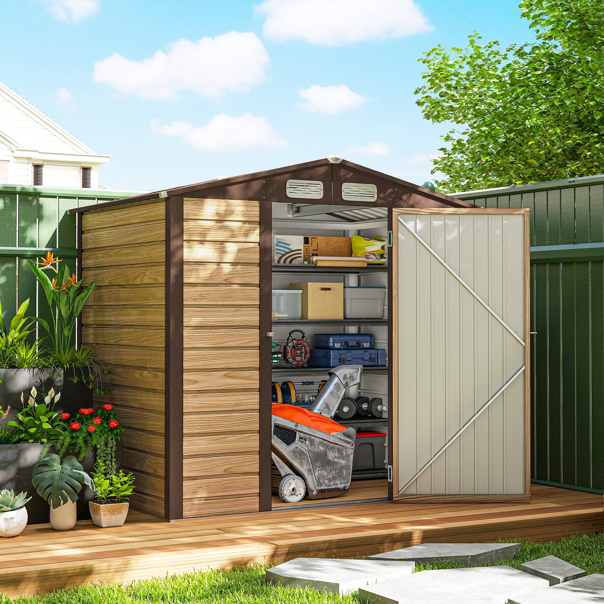 Cabane de jardin acier galvanisé aménagement extérieur protection outils 190x131cm chêne - ComfortXL Outdoor Living - Image 4