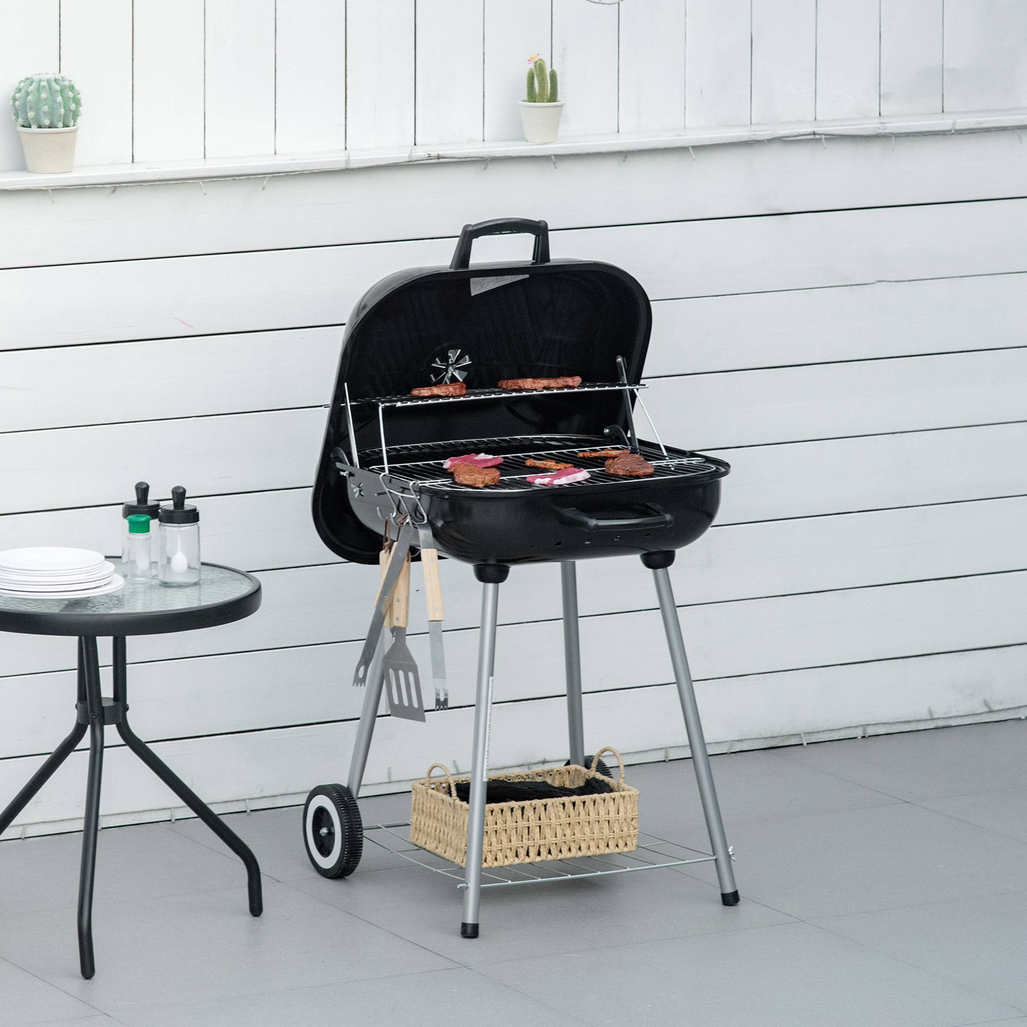 Outsunny - Barbecue à charbon - BBQ grill sur pied avec couvercle, roulettes - étagère, 3 crochets, 3 ustensiles, 2 grilles - acier émaillé noir - Outsunny - Image 2