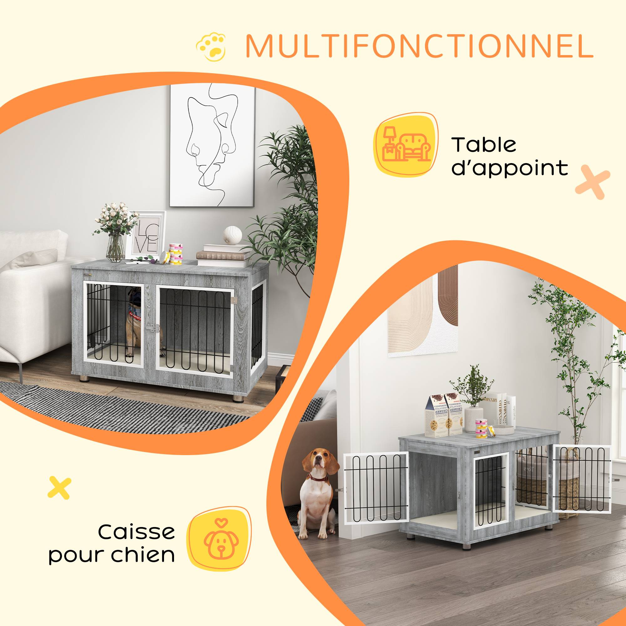 Pawhut - Cage pour chien sur pied - 2 portes verrouillables, coussin déhoussable inclus - acier filaire noir panneaux aspect bois gris - Image 5