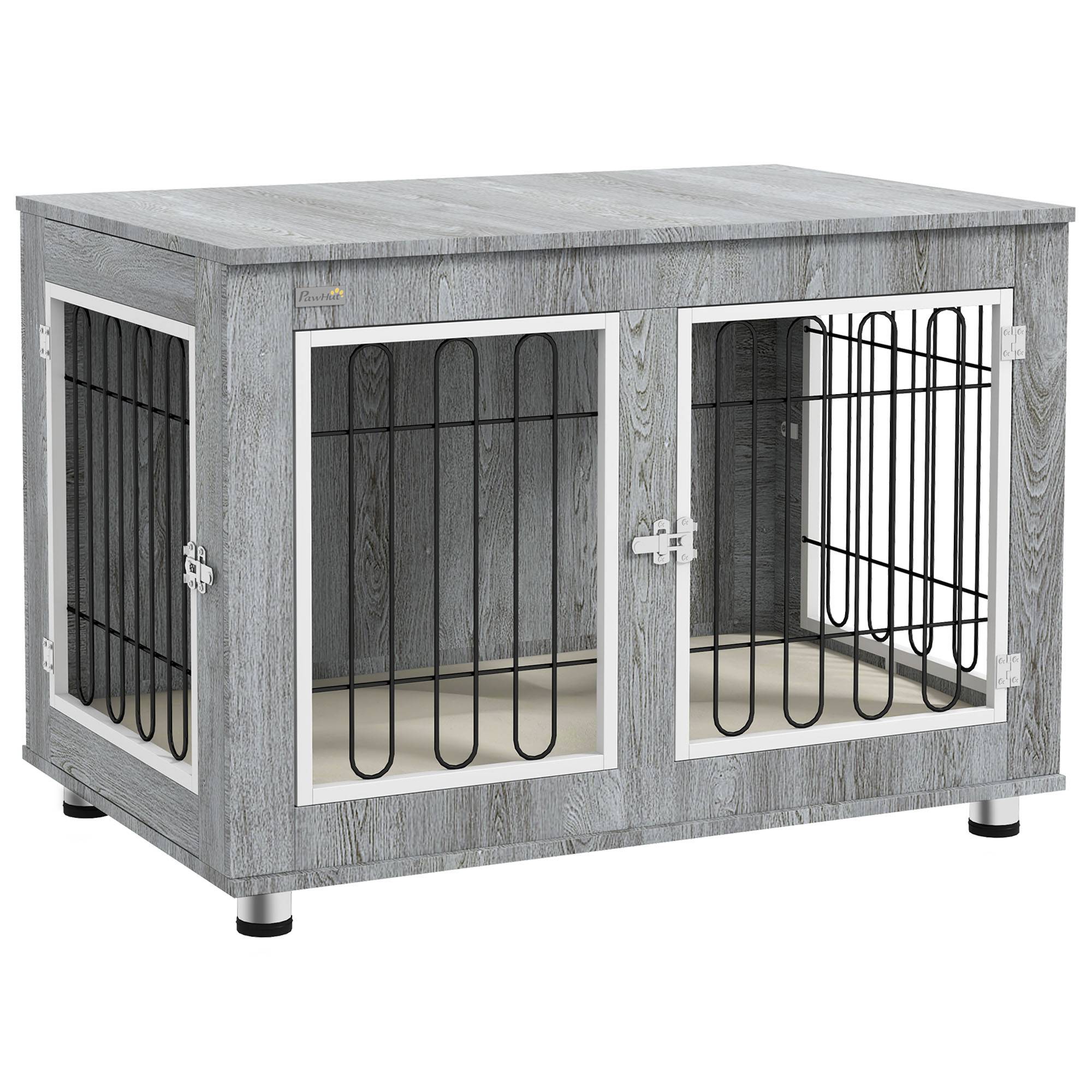 Pawhut - Cage pour chien sur pied - 2 portes verrouillables, coussin déhoussable inclus - acier filaire noir panneaux aspect bois gris - Image 1
