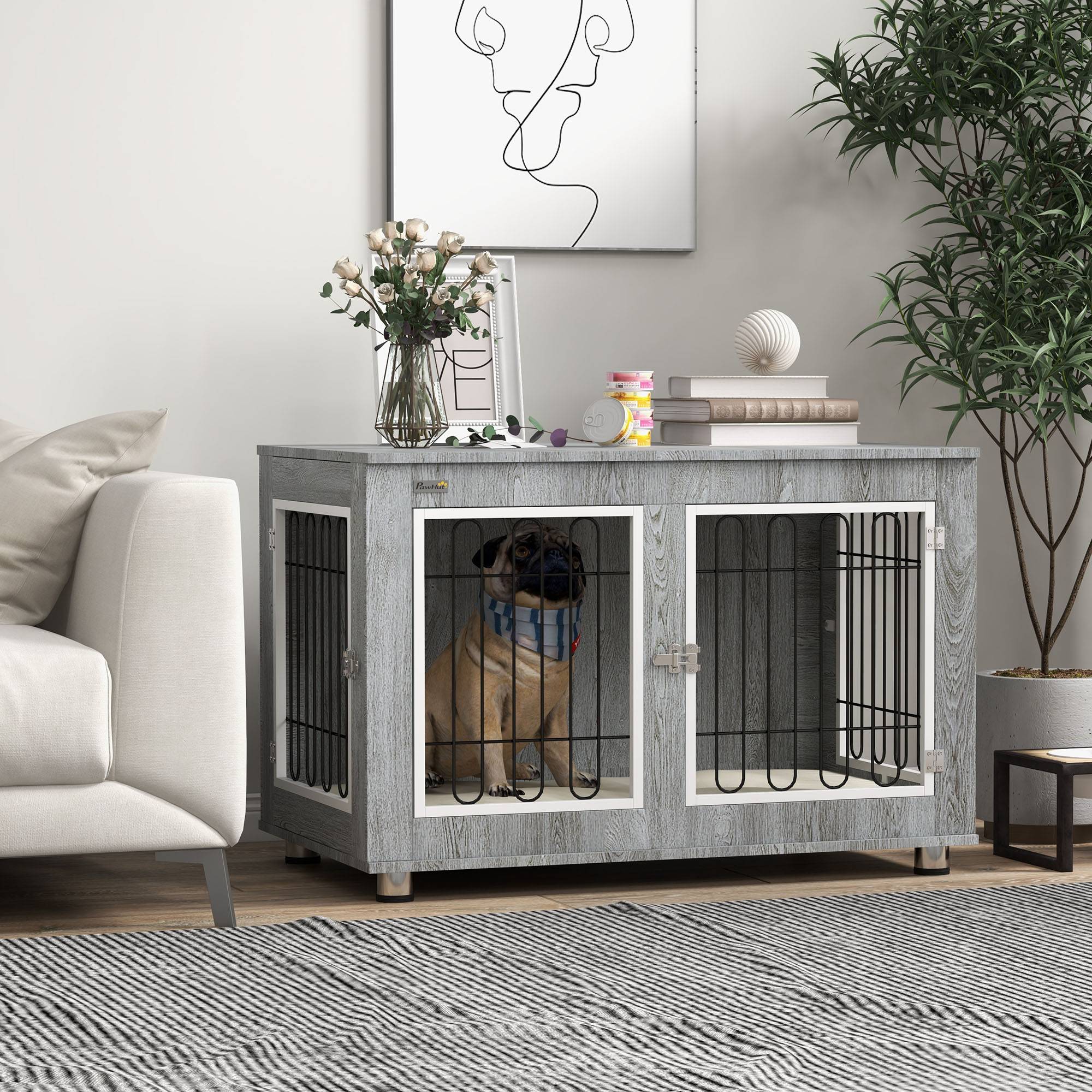 Pawhut - Cage pour chien sur pied - 2 portes verrouillables, coussin déhoussable inclus - acier filaire noir panneaux aspect bois gris - Image 2