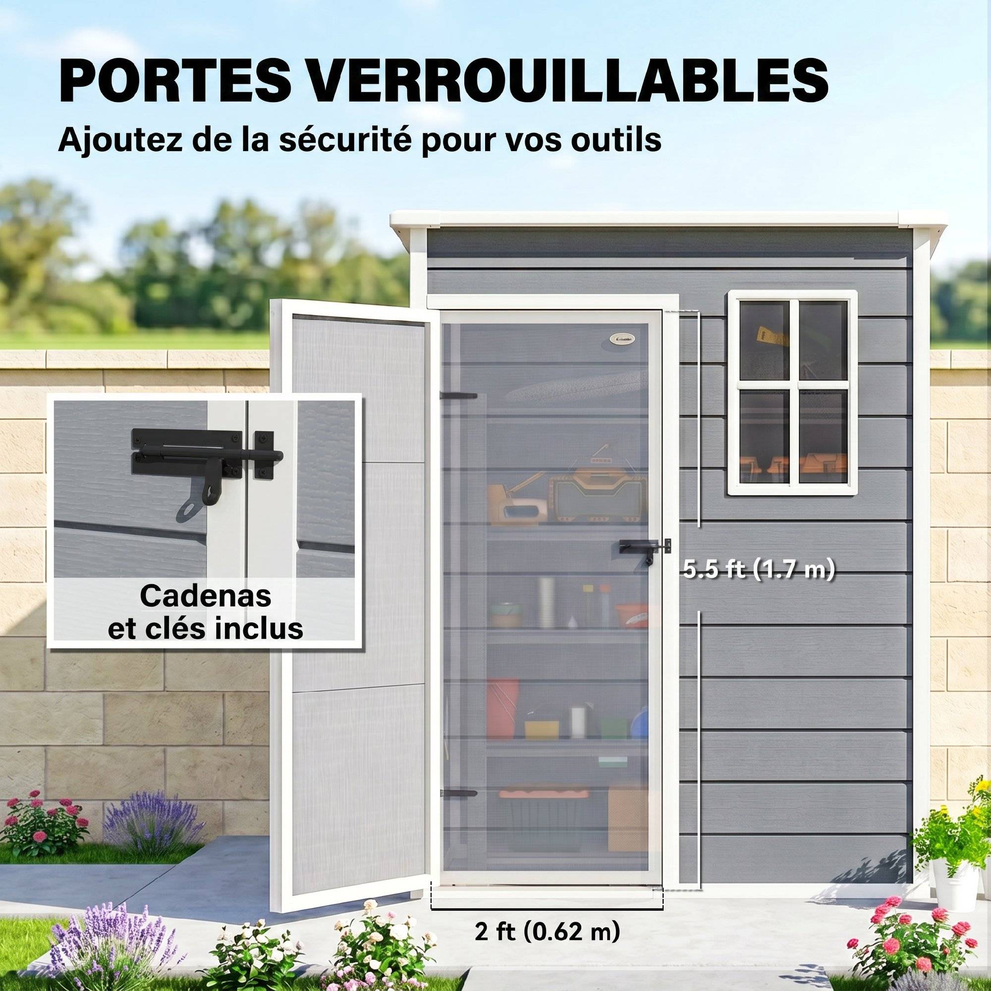 ComfortXL - Abri de jardin résine aluminium extérieur remise outils porte sécurisée 151x92x193cm gris - ComfortXL Outdoor Living - Image 8