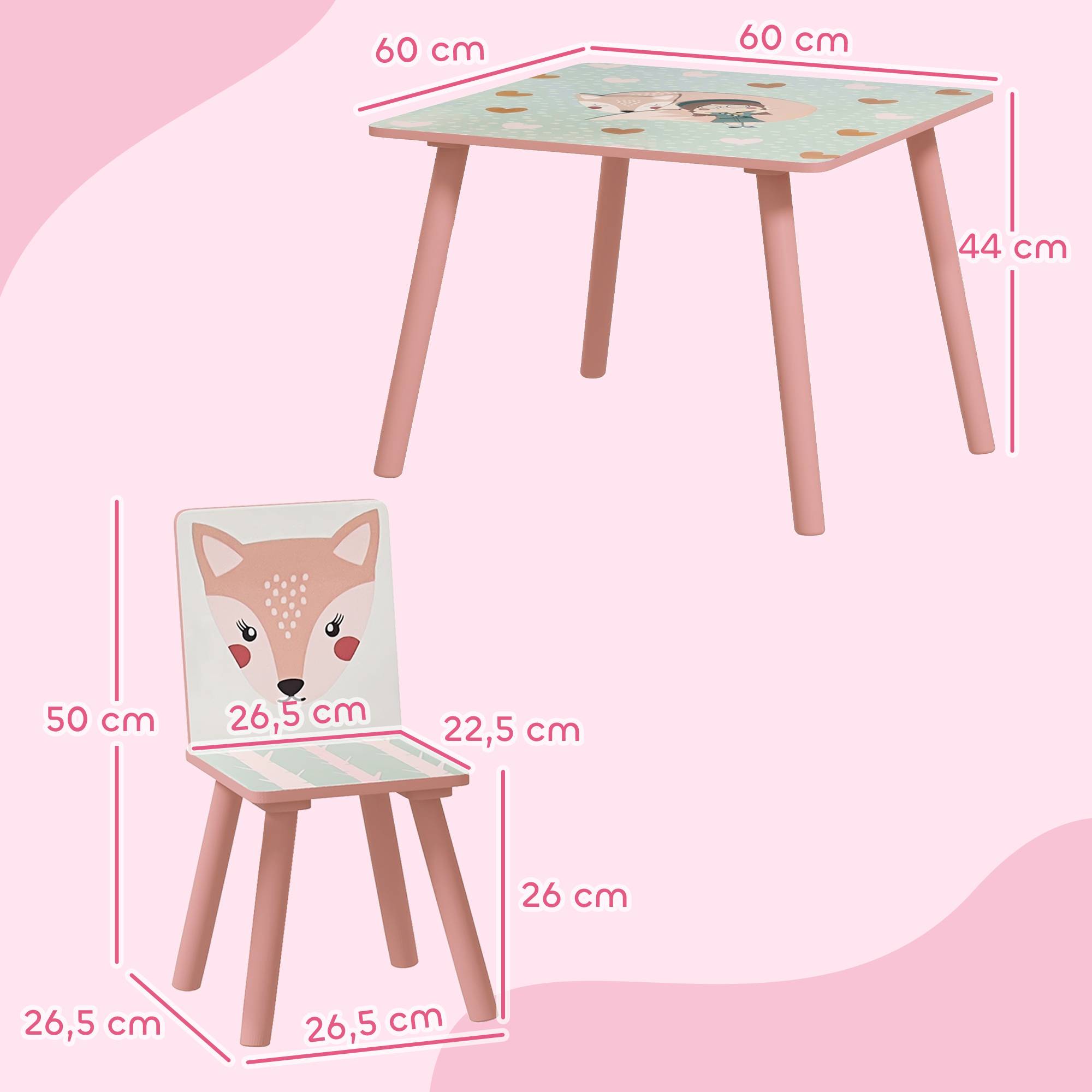 Ensemble mobilier enfant bois pin, table et 2 chaises motifs animaux, chambre enfant 3-8 ans, rose - Image 5