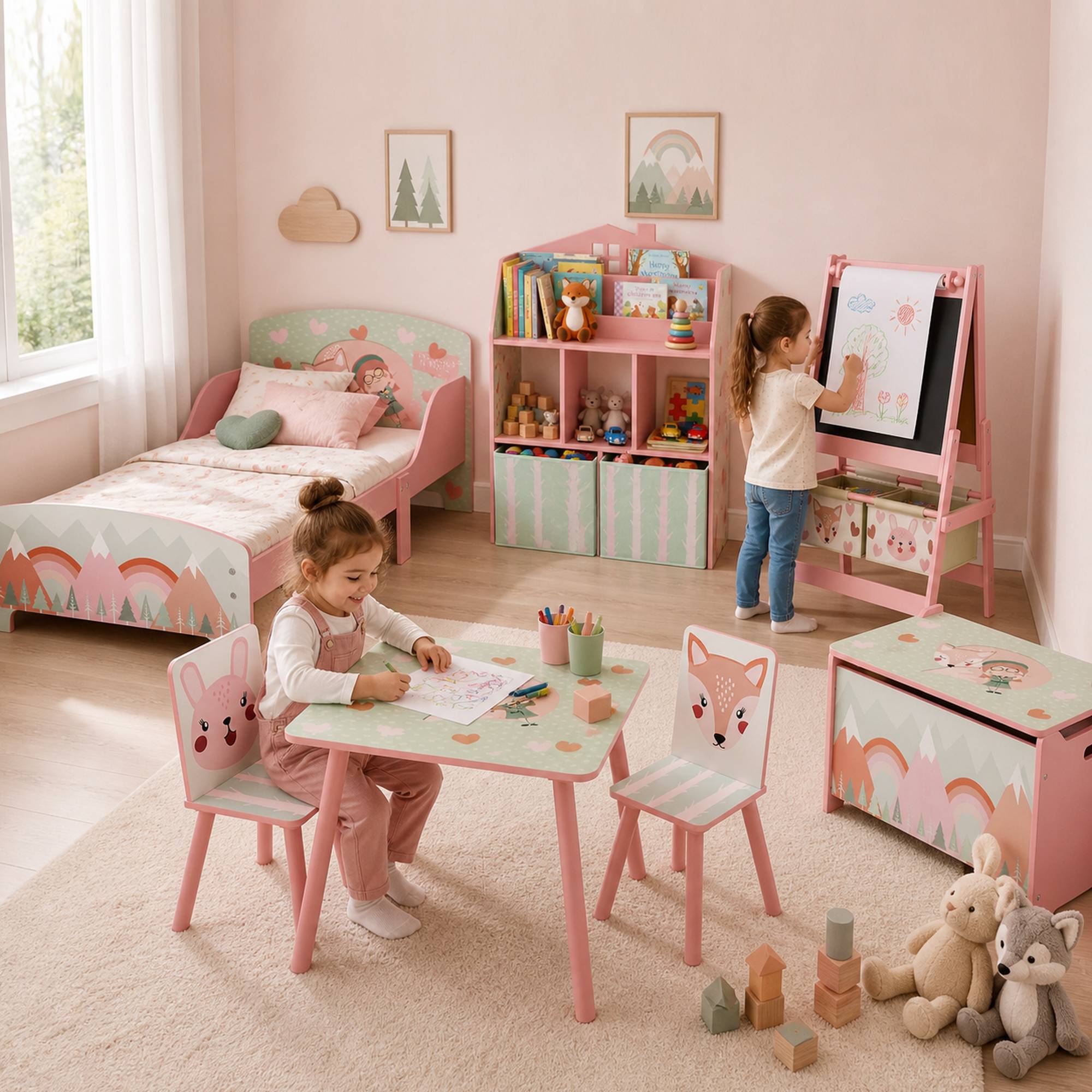 Ensemble mobilier enfant bois pin, table et 2 chaises motifs animaux, chambre enfant 3-8 ans, rose - Image 10