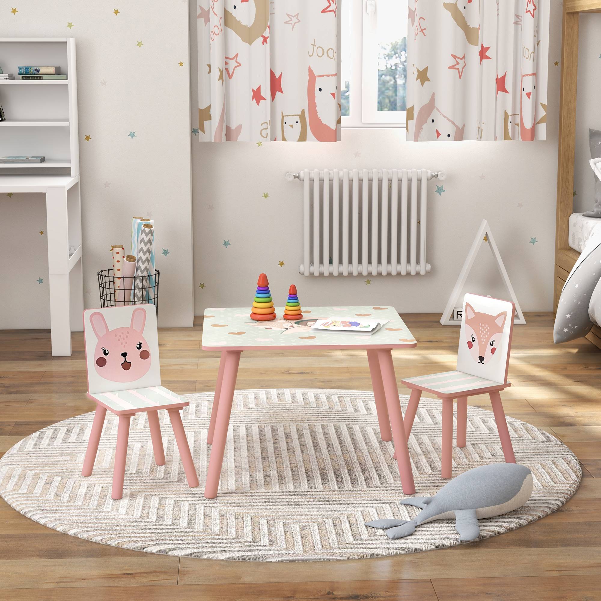 Ensemble mobilier enfant bois pin, table et 2 chaises motifs animaux, chambre enfant 3-8 ans, rose - Image 4
