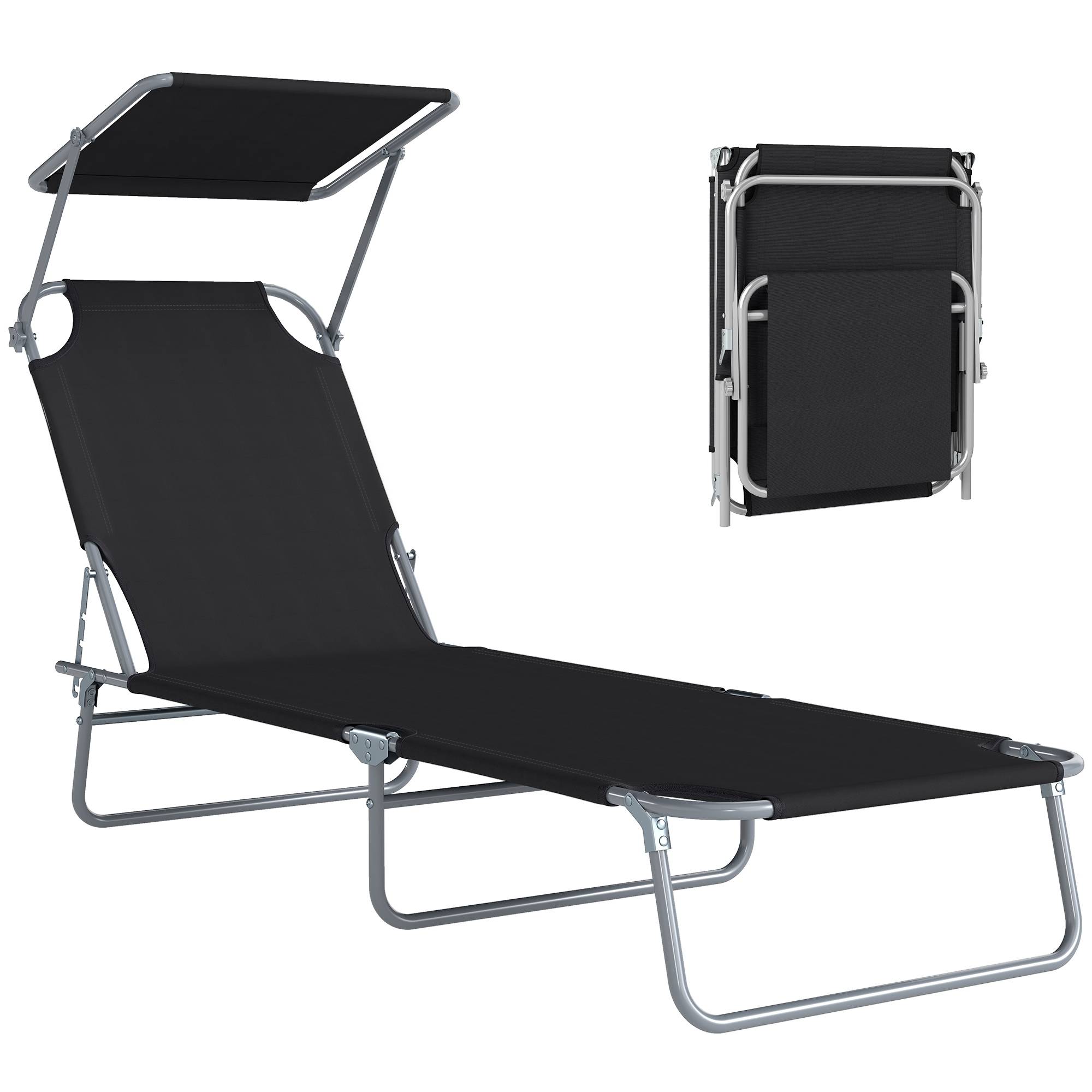Transat Bain de Soleil Pliable Chaise Longue Pliante Grand Confort Dossier Inclinable Multi-positions et Pare-Soleil. 187L x 58l x 36H cm Noir - Image 1
