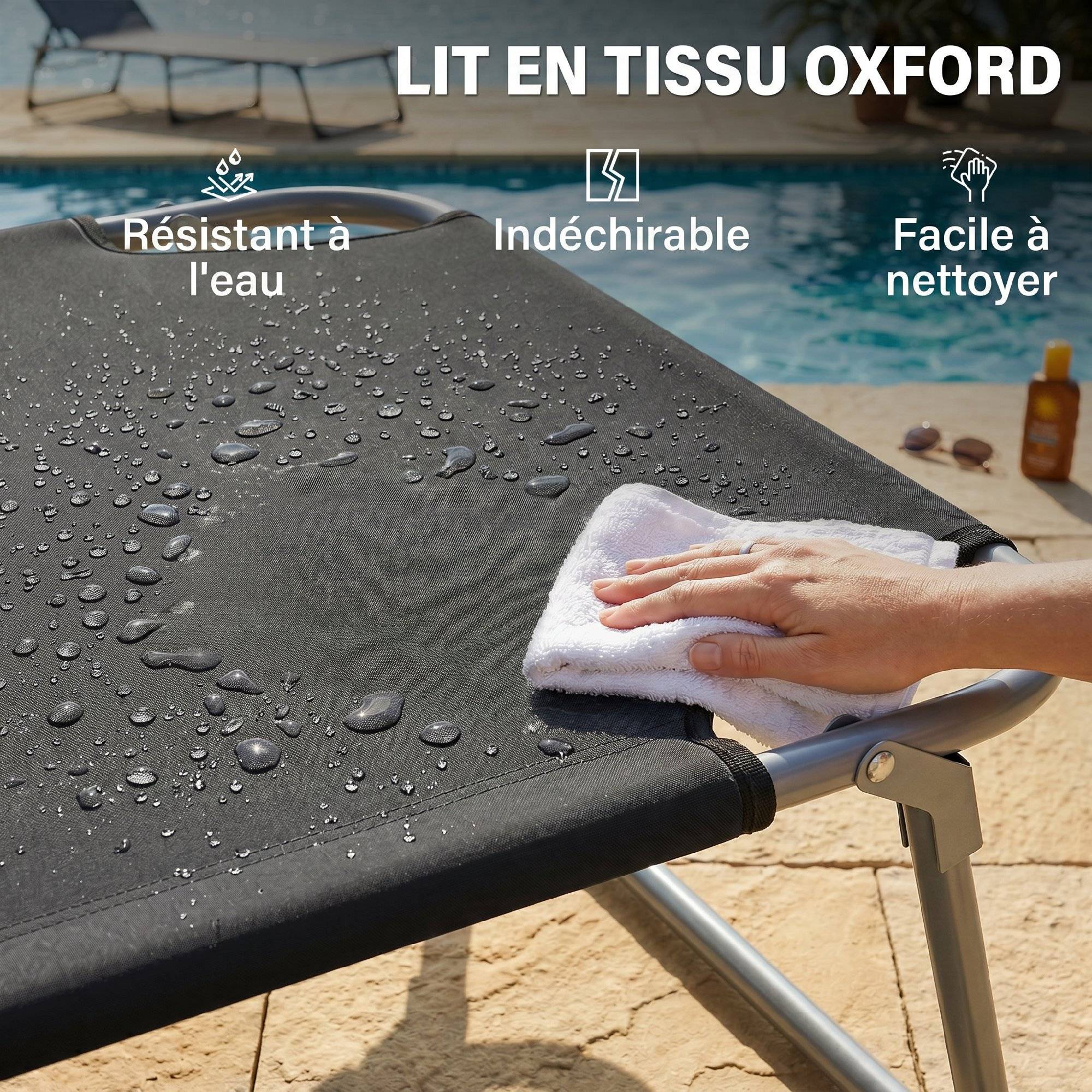 Transat Bain de Soleil Pliable Chaise Longue Pliante Grand Confort Dossier Inclinable Multi-positions et Pare-Soleil. 187L x 58l x 36H cm Noir - Image 8