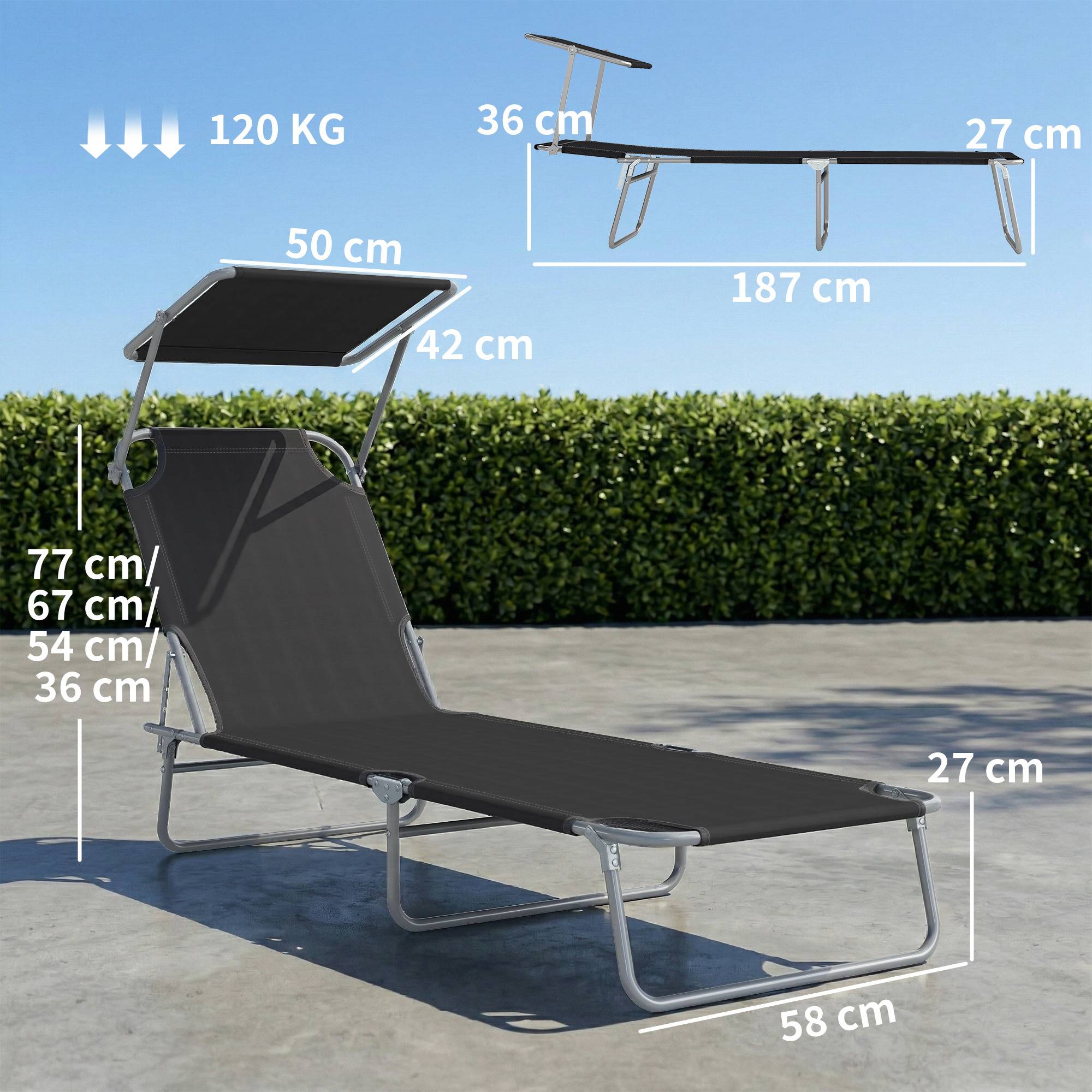 Transat Bain de Soleil Pliable Chaise Longue Pliante Grand Confort Dossier Inclinable Multi-positions et Pare-Soleil. 187L x 58l x 36H cm Noir - Image 5