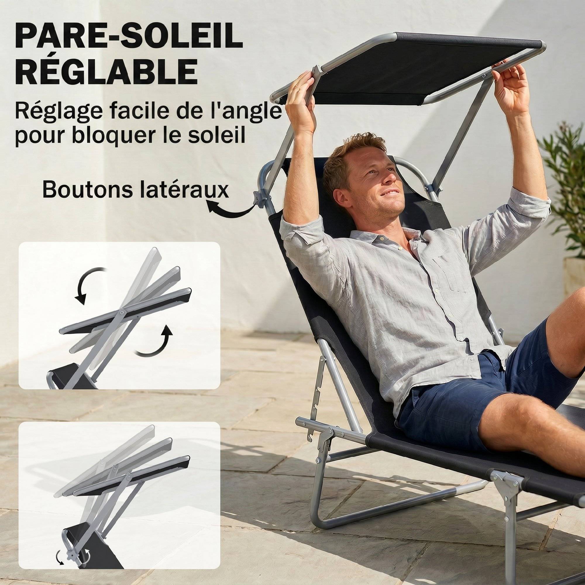Transat Bain de Soleil Pliable Chaise Longue Pliante Grand Confort Dossier Inclinable Multi-positions et Pare-Soleil. 187L x 58l x 36H cm Noir - Image 6