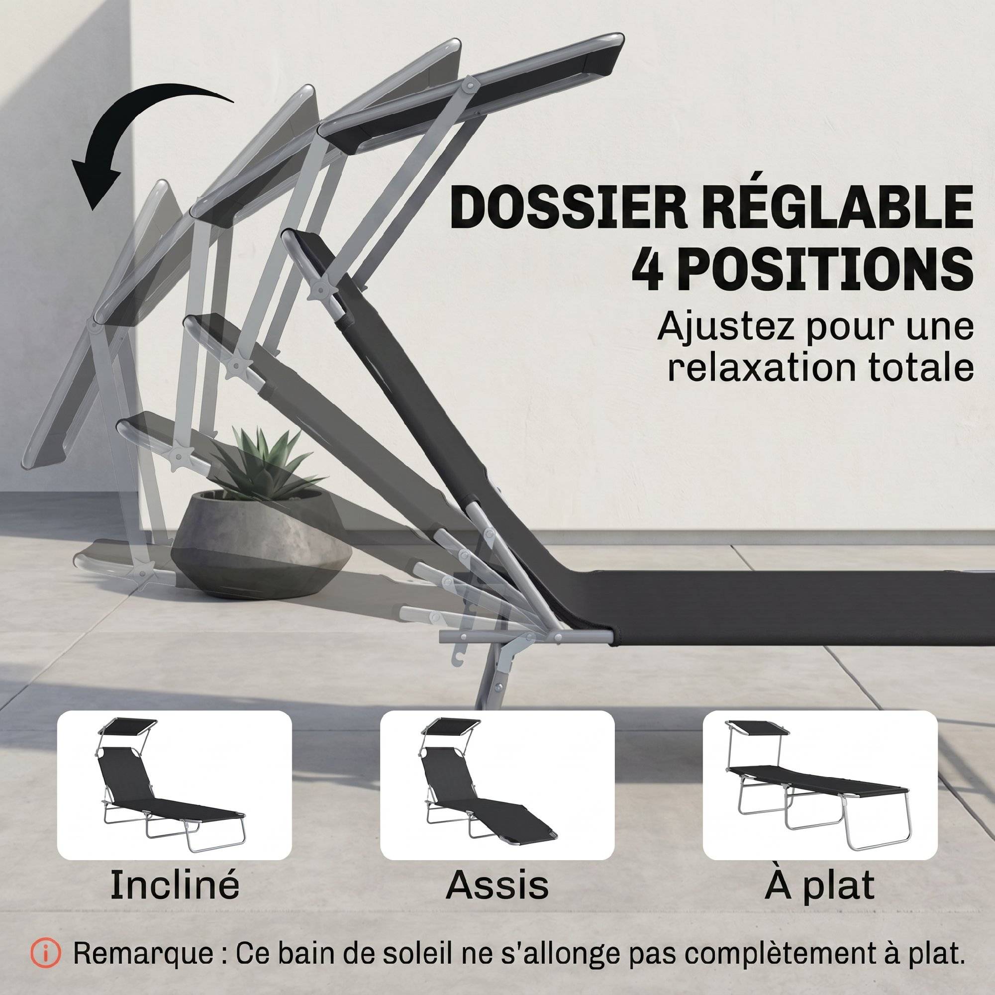 Transat Bain de Soleil Pliable Chaise Longue Pliante Grand Confort Dossier Inclinable Multi-positions et Pare-Soleil. 187L x 58l x 36H cm Noir - Image 7