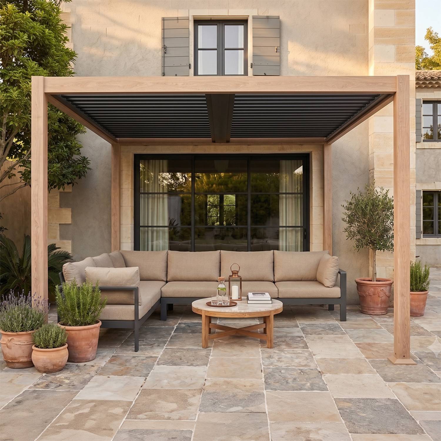 Pergola bioclimatique 3x3m adossée effet bois SIFNOS - Image 5