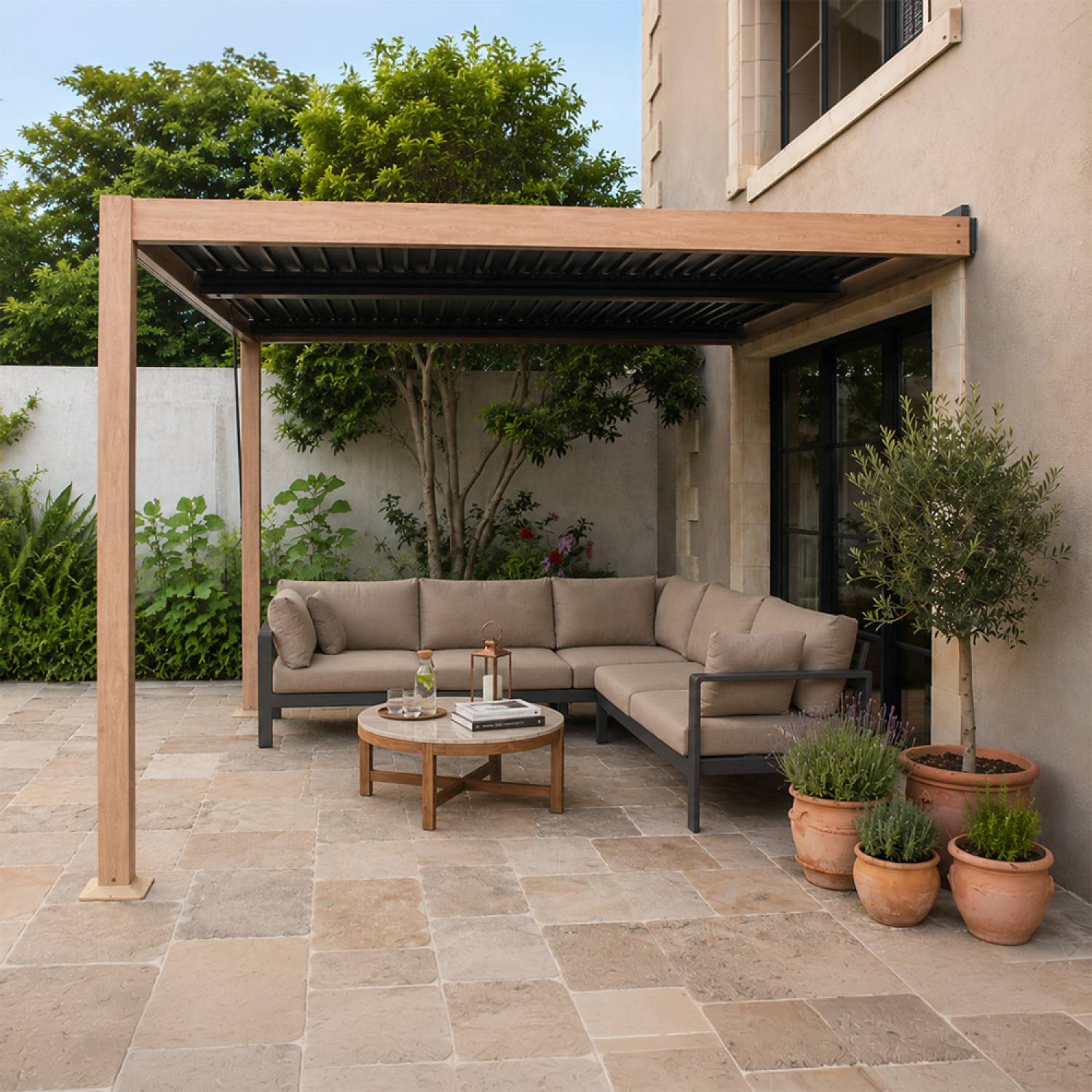 Pergola bioclimatique 3x3m adossée effet bois SIFNOS - Image 6
