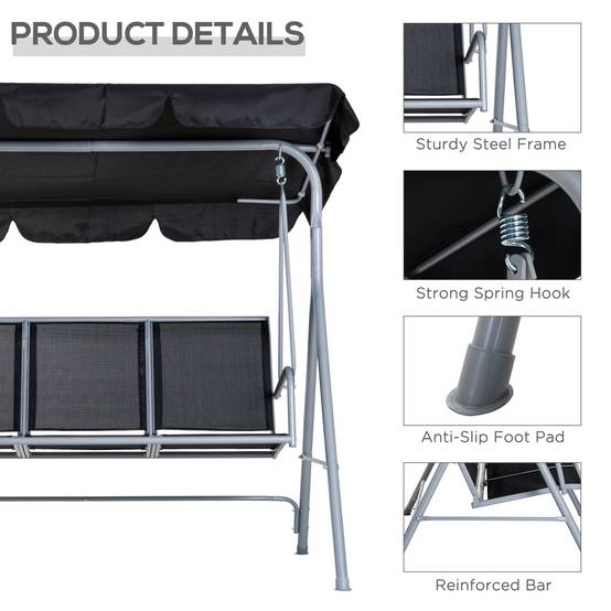ComfortXL - Balancelle de jardin acier 3 places 171 x 108 x 154 cm noire pour terrasse avec toit réglable et charge 240 kg - Image 3