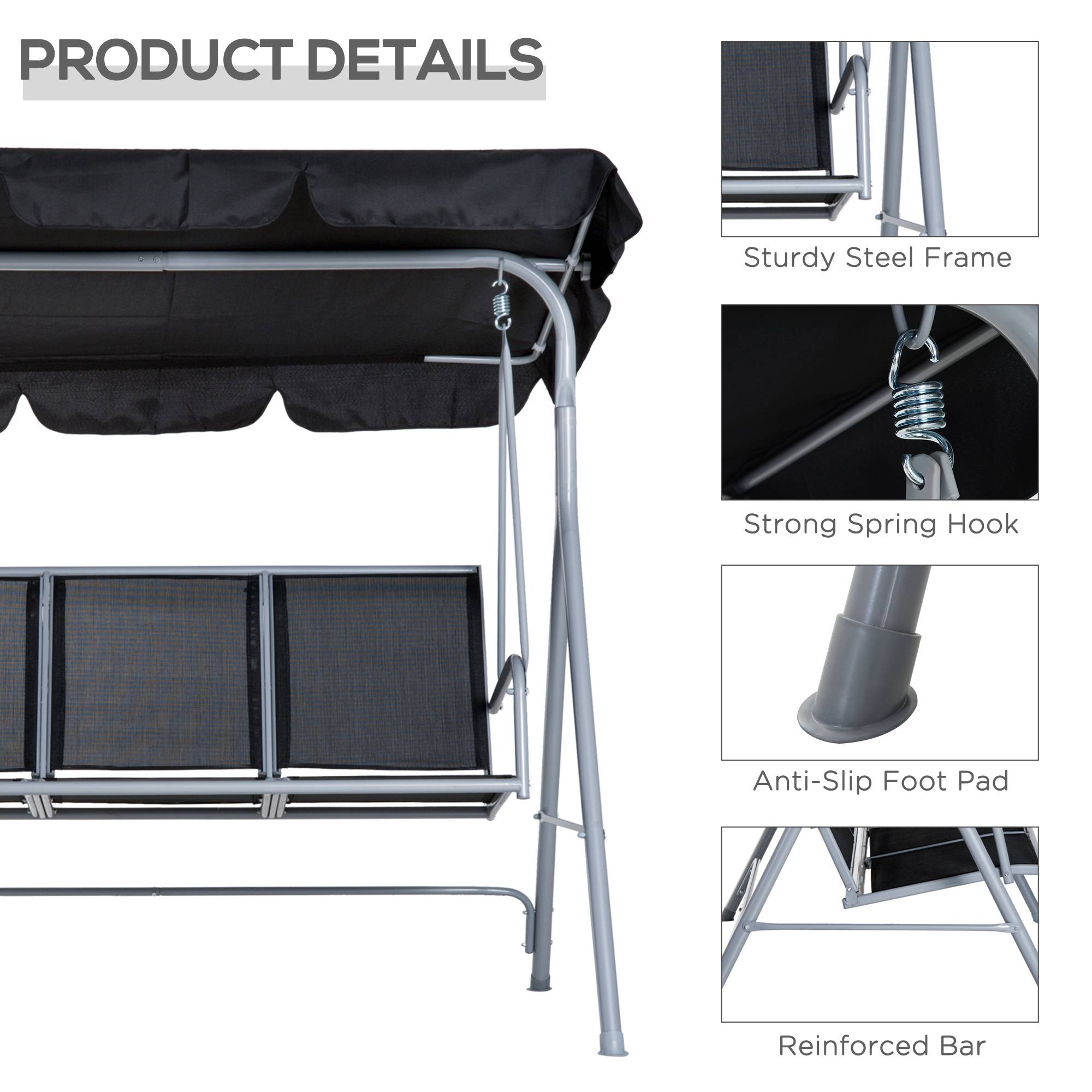 ComfortXL - Balancelle de jardin acier 3 places 171 x 108 x 154 cm noire pour terrasse avec toit réglable et charge 240 kg - Image 3