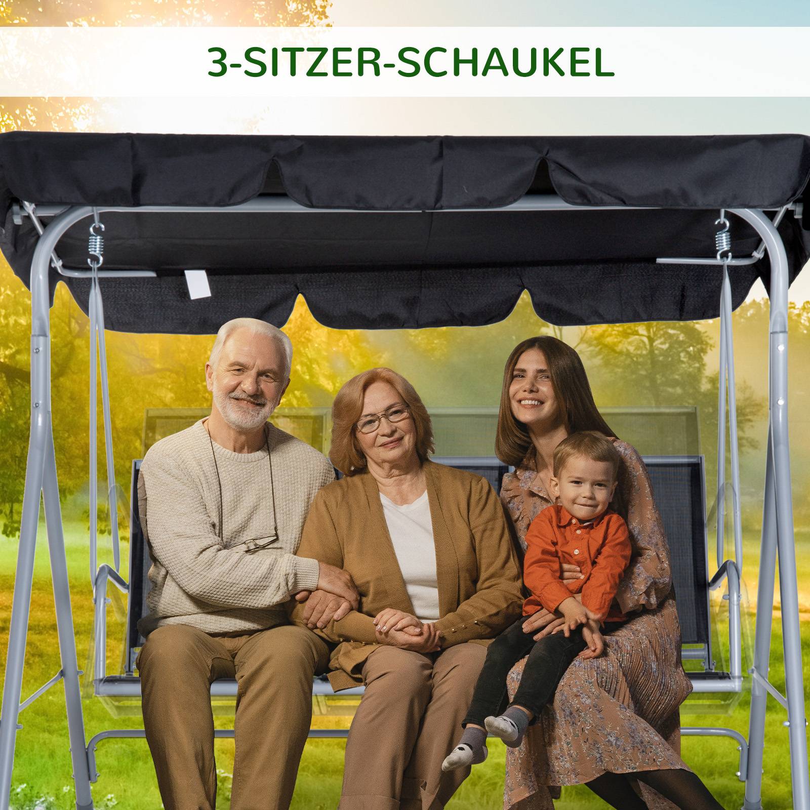 ComfortXL - Balancelle de jardin acier 3 places 171 x 108 x 154 cm noire pour terrasse avec toit réglable et charge 240 kg - Image 5