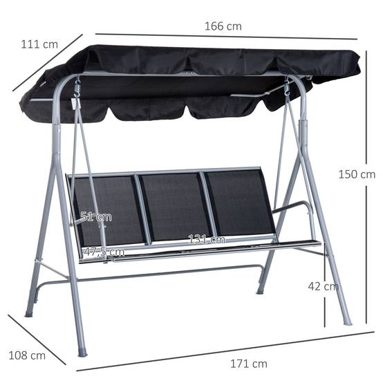 ComfortXL - Balancelle de jardin acier 3 places 171 x 108 x 154 cm noire pour terrasse avec toit réglable et charge 240 kg - Image 2