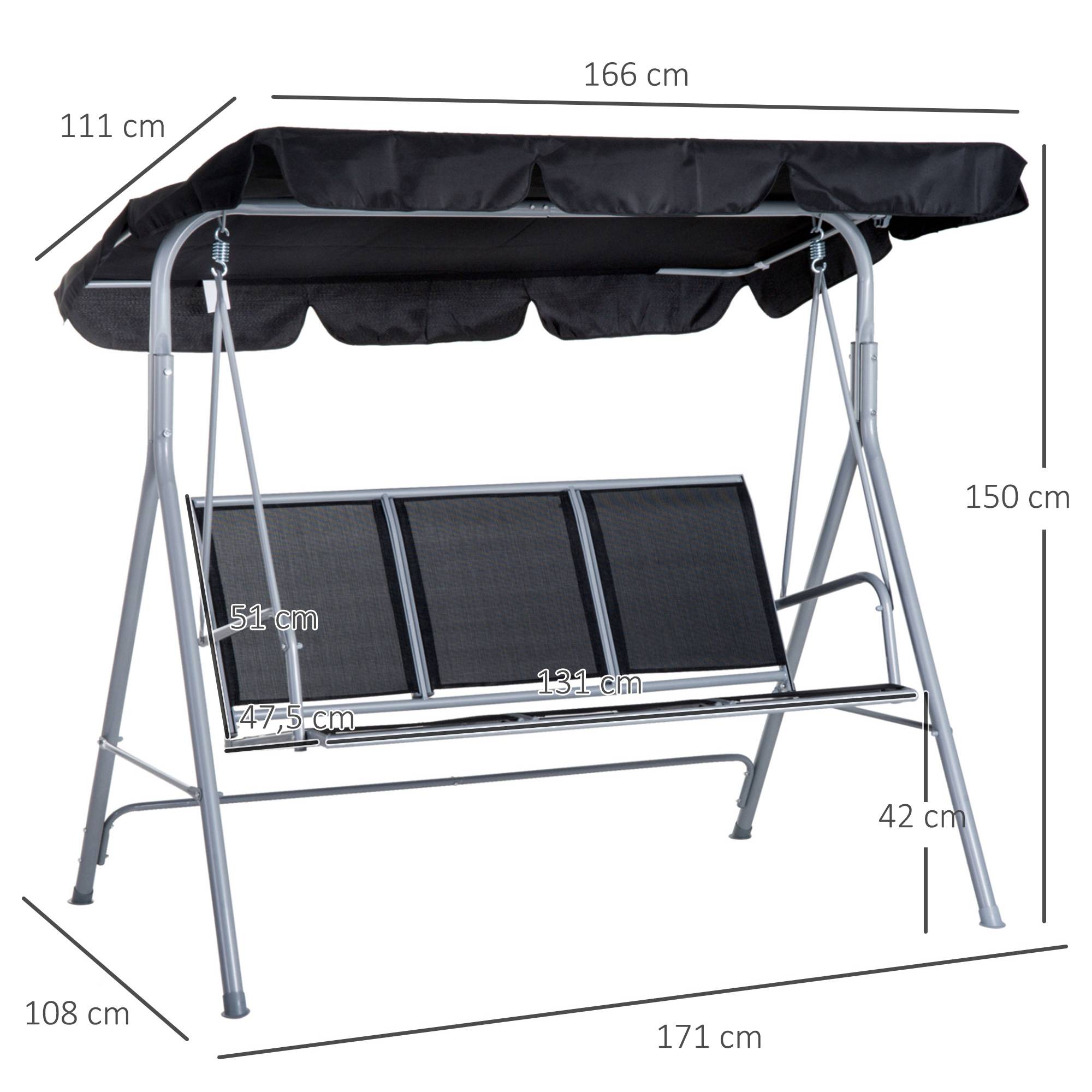 ComfortXL - Balancelle de jardin acier 3 places 171 x 108 x 154 cm noire pour terrasse avec toit réglable et charge 240 kg - Image 2