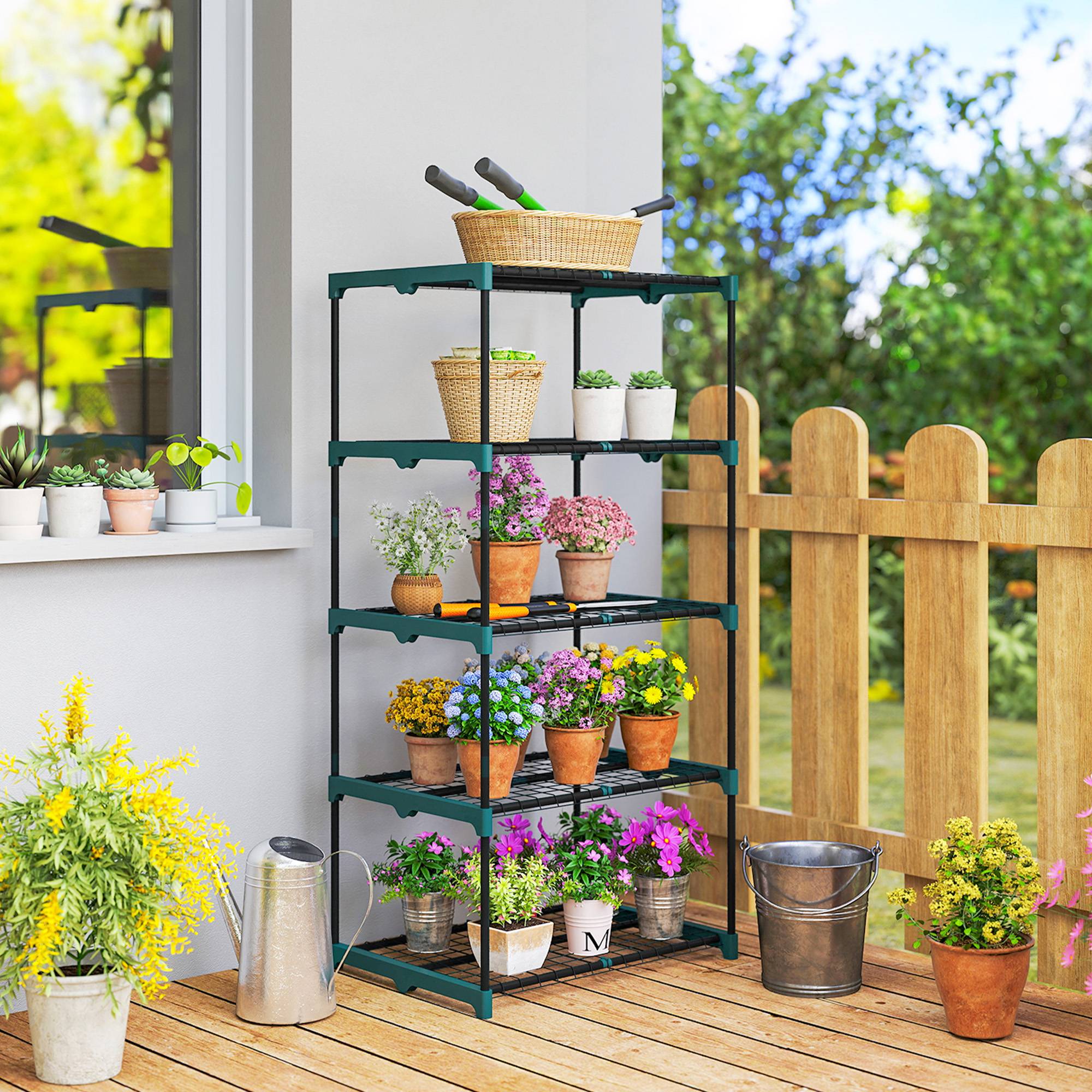 Sans Marque - Étagère fleurs acier 5 niveaux plantes intérieur/extérieur jardin balcon 67x49x138 cm verte - Image 4