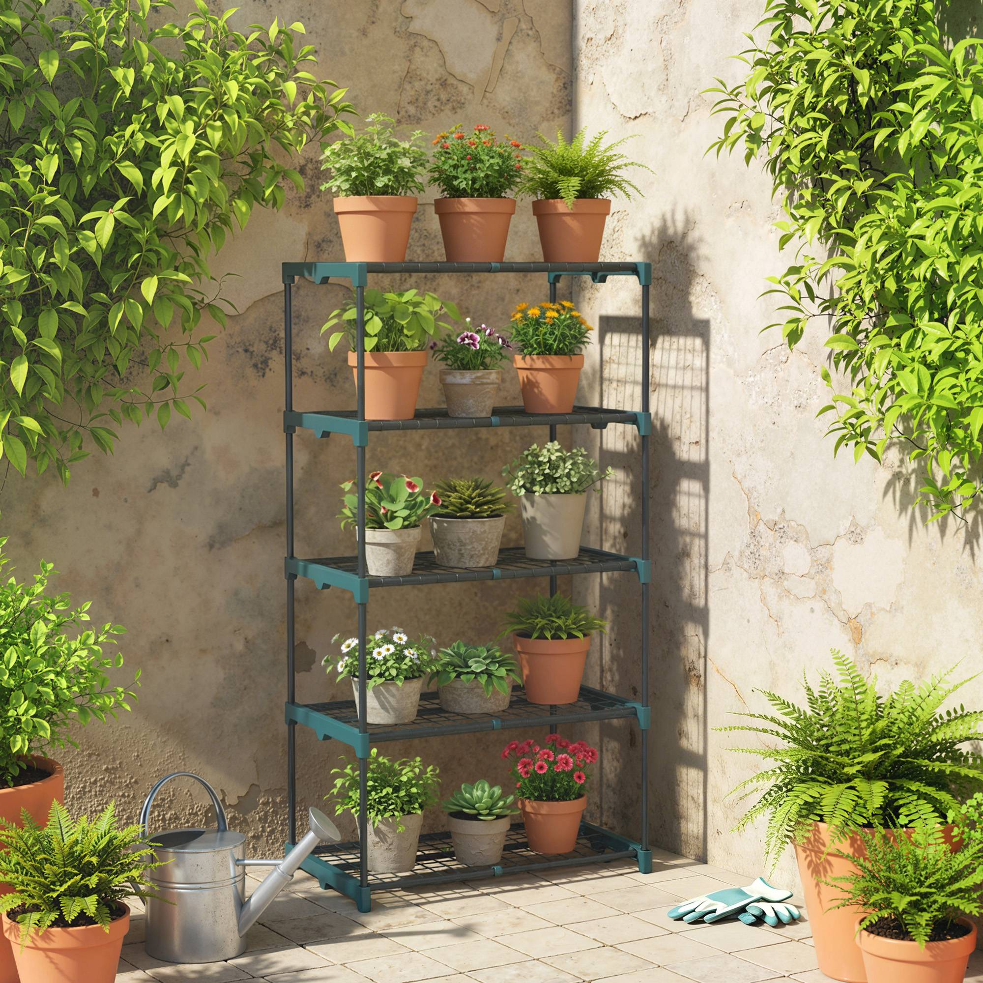 Sans Marque - Étagère fleurs acier 5 niveaux plantes intérieur/extérieur jardin balcon 67x49x138 cm verte - Image 3