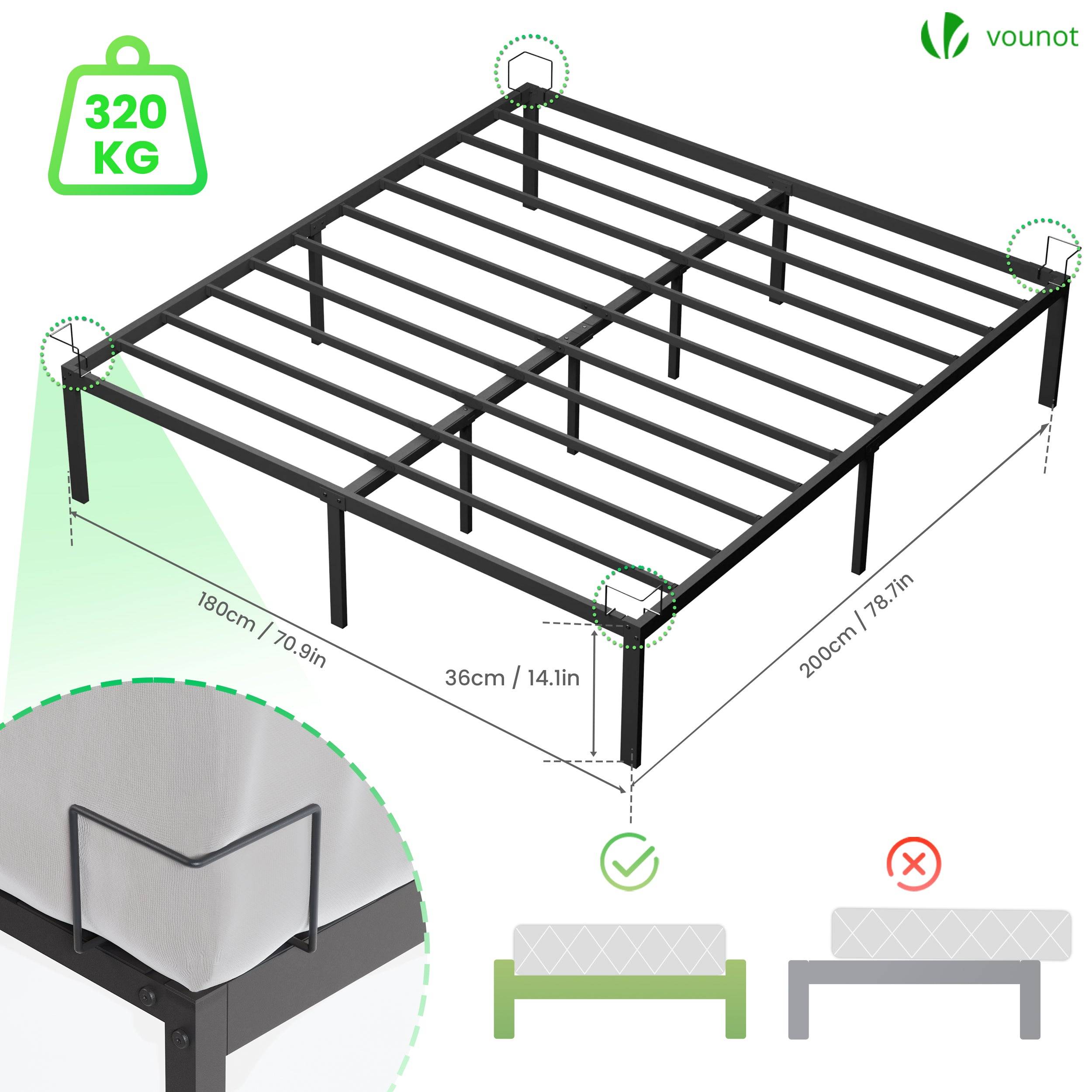 Vounot - Cadre de lit metal avec fixation sommier et hauteur 36cm 180x200cm noir - Image 2