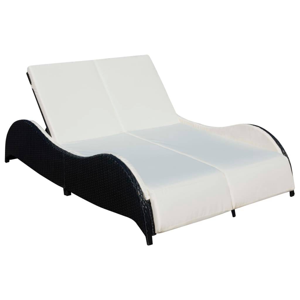 Helloshop26 - Transat chaise longue bain de soleil lit de jardin terrasse meuble d'extérieur double avec coussin vague résine tressée noir - Image 1