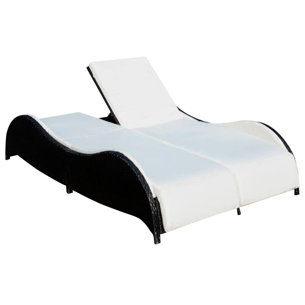 Helloshop26 - Transat chaise longue bain de soleil lit de jardin terrasse meuble d'extérieur double avec coussin vague résine tressée noir - Image 2