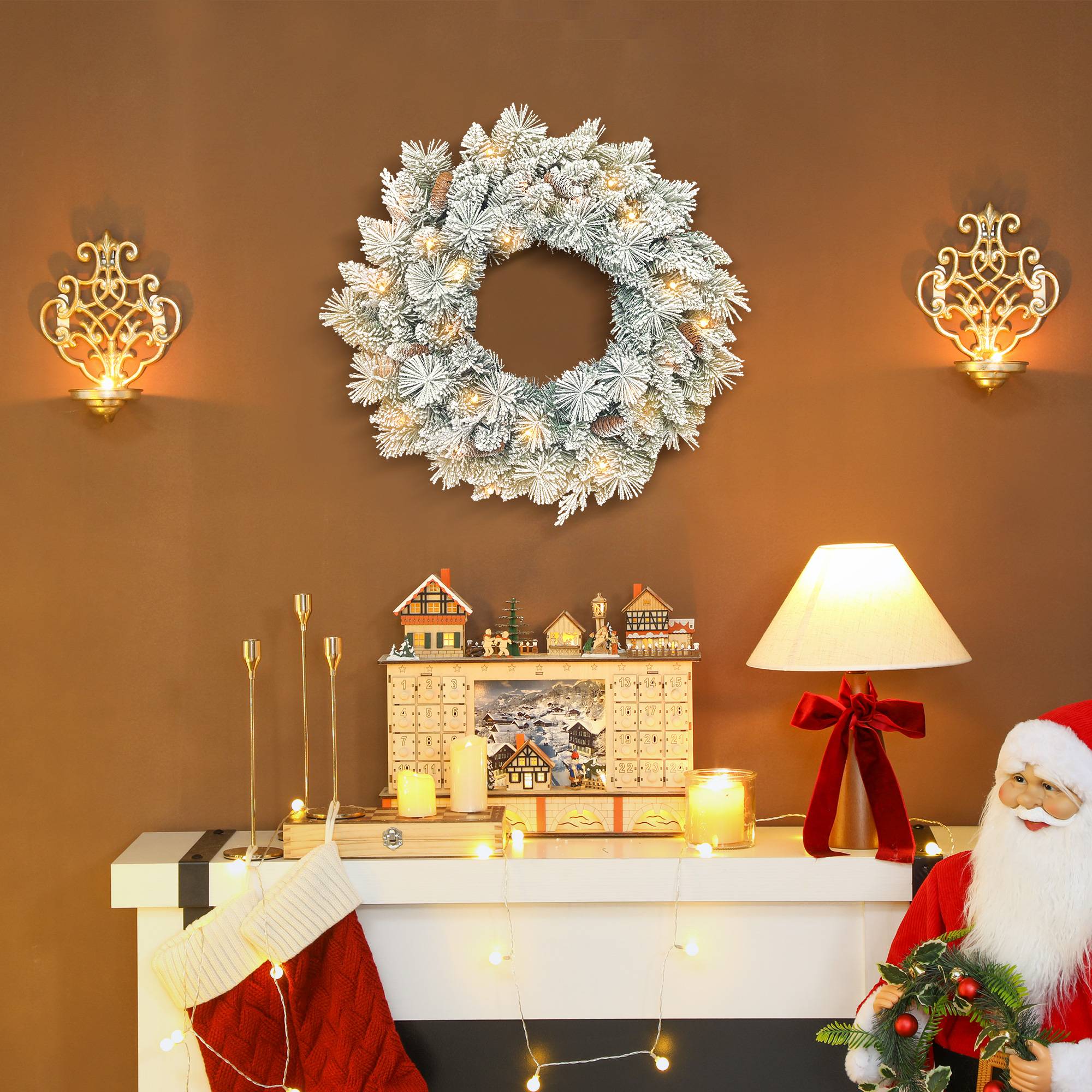 Couronne Noël lumineuse 60cm, 35 LED blanc chaud, minuterie, 98 branches, vert/blanc - Image 3