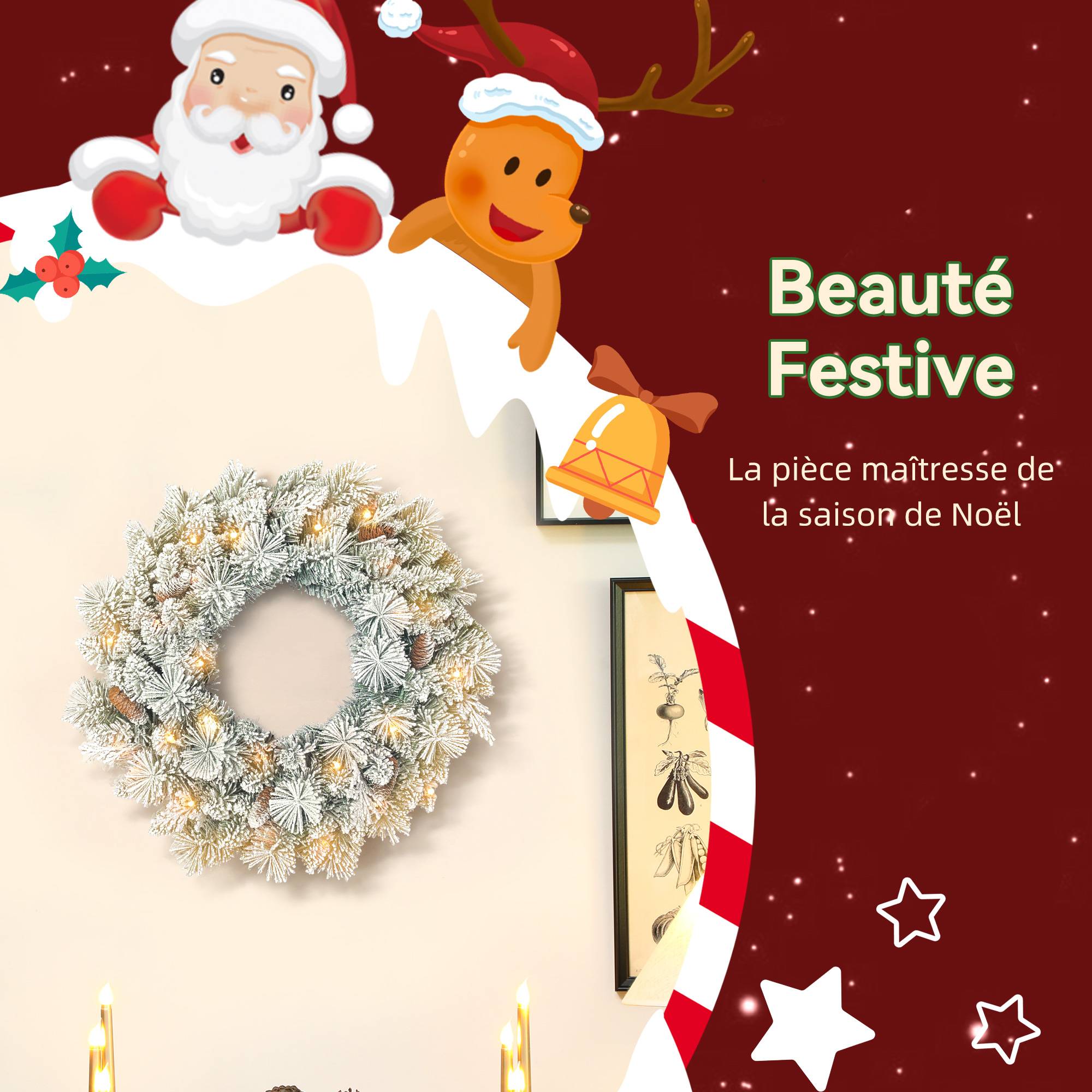 Couronne Noël lumineuse 60cm, 35 LED blanc chaud, minuterie, 98 branches, vert/blanc - Image 6