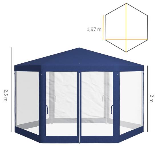 Tonnelle hexagonale métal jardin terrasse aération moustiquaires 394x341cm bleu - ComfortXL Outdoor Living - Image 5