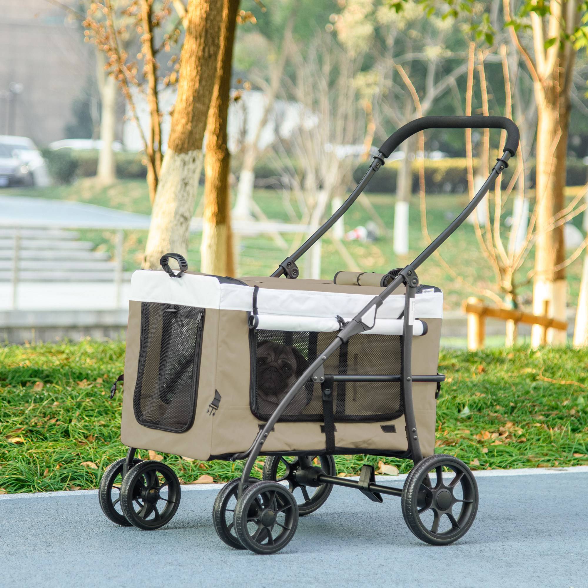 Poussette pliable animaux chien chat nacelle amovible bandoulières 4 roues 81 x 58 x 97,5 cm kaki - Image 4
