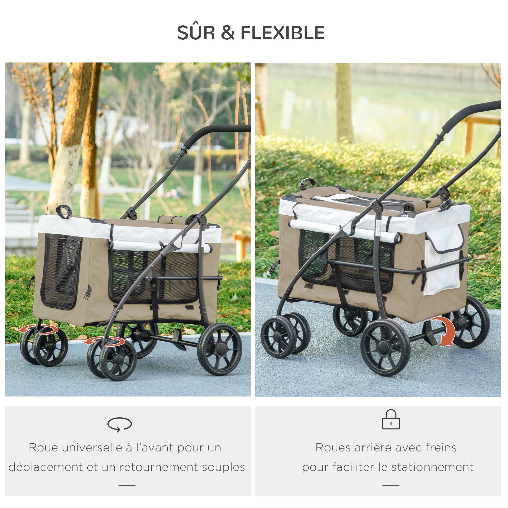 Poussette pliable animaux chien chat nacelle amovible bandoulières 4 roues 81 x 58 x 97,5 cm kaki - Image 8