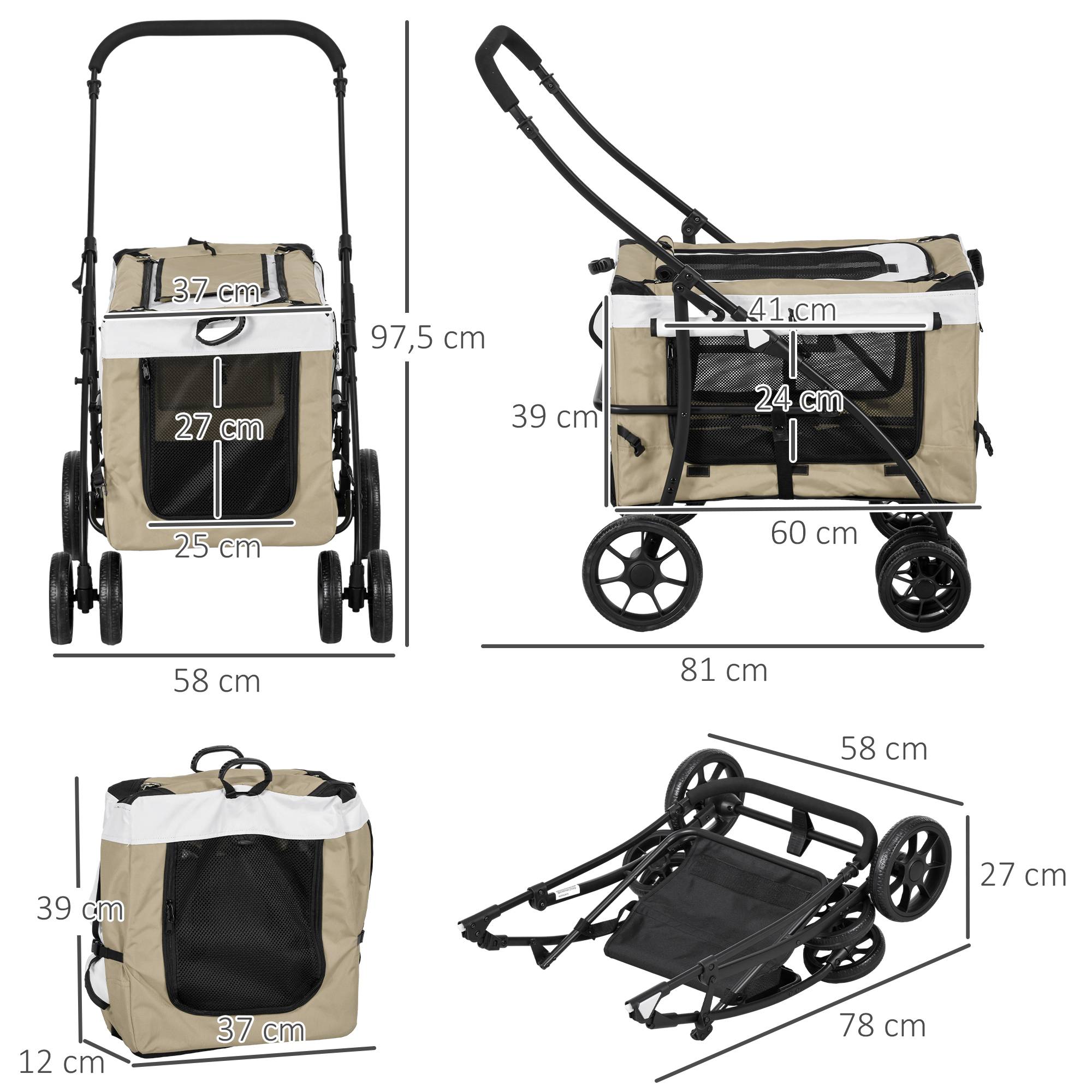 Poussette pliable animaux chien chat nacelle amovible bandoulières 4 roues 81 x 58 x 97,5 cm kaki - Image 5