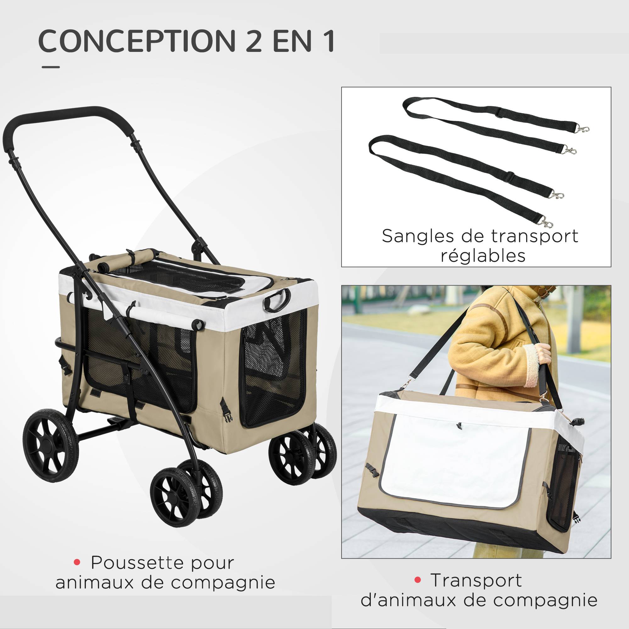 Poussette pliable animaux chien chat nacelle amovible bandoulières 4 roues 81 x 58 x 97,5 cm kaki - Image 7