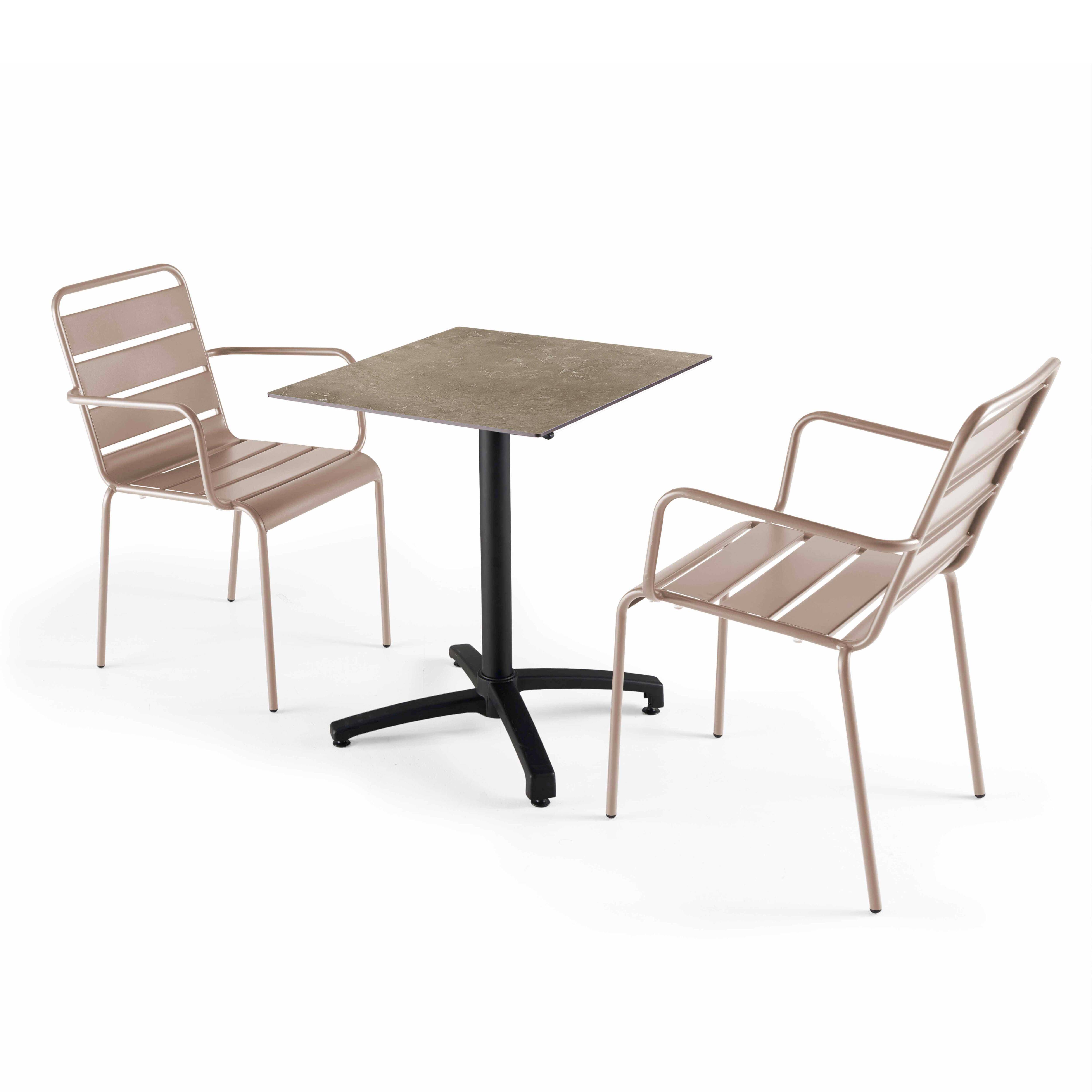 Oviala - Ensemble table de terrasse stratifié marbre et 2 fauteuils taupe - Oviala - Image 1