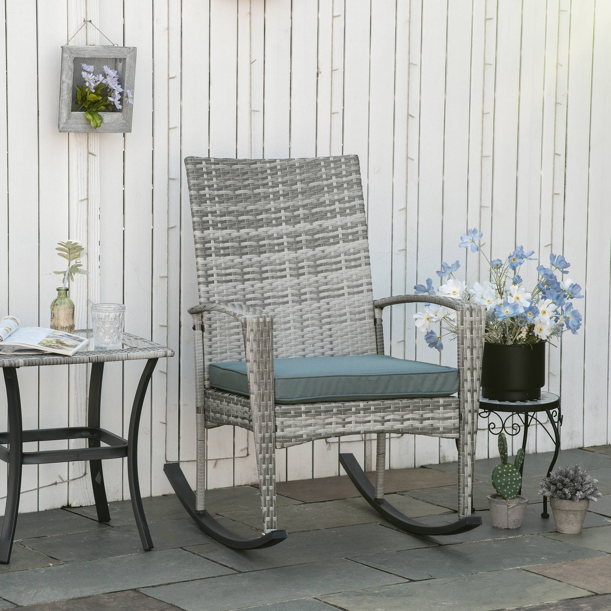 ComfortXL - Fauteuil à bascule en résine tressée et métal gris 66 x 88 x 98 cm jardin assise rembourrée anti-basculement - Image 1