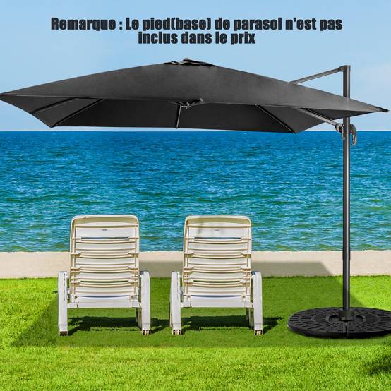 Parasol Déporté Inclinable 3x3M avec Base Croisée Rotation à 360° Manivelle 8 Baleines Event pour Jardin Terrasse Noir MAISON CHIC - Image 3