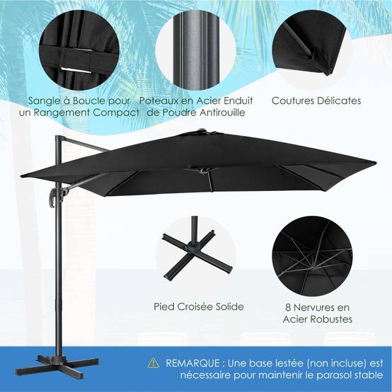 Parasol Déporté Inclinable 3x3M avec Base Croisée Rotation à 360° Manivelle 8 Baleines Event pour Jardin Terrasse Noir MAISON CHIC - Image 5