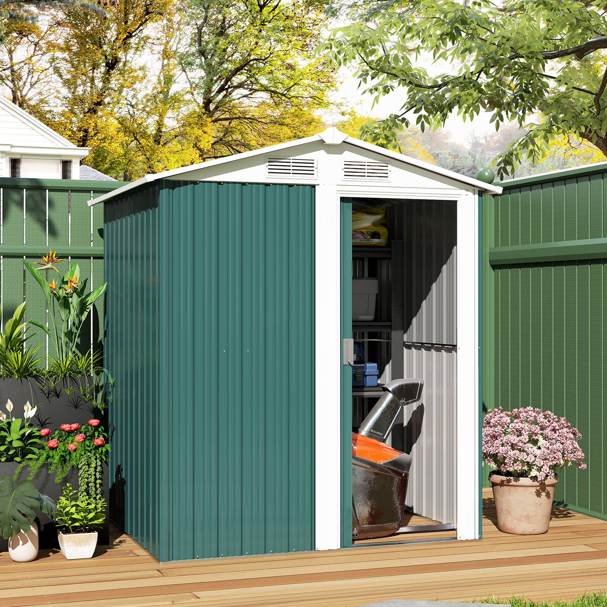 Abri de jardin acier avec toit incliné et 4 aérations 152x132x188 cm rangement sécurisé pour outils vert - Image 4