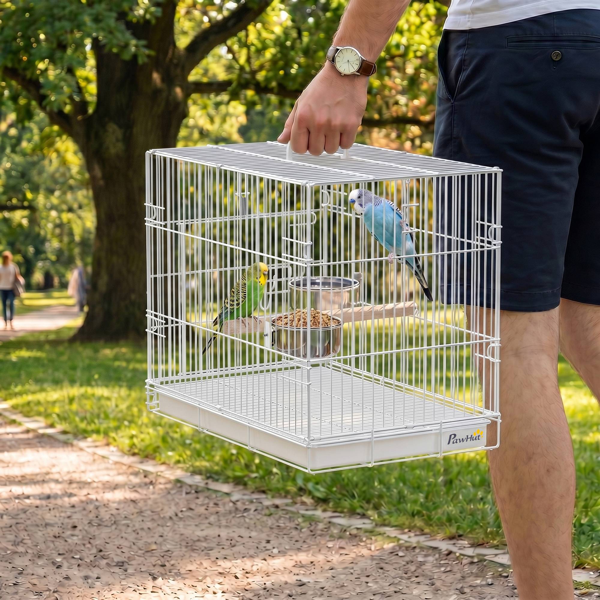 Sans Marque - Tragbarer faltbarer Vogelkäfig für Reisen, mit Sitzstange aus Holz und Edelstahlschalen, geeignet für kleine Vögel - Image 3