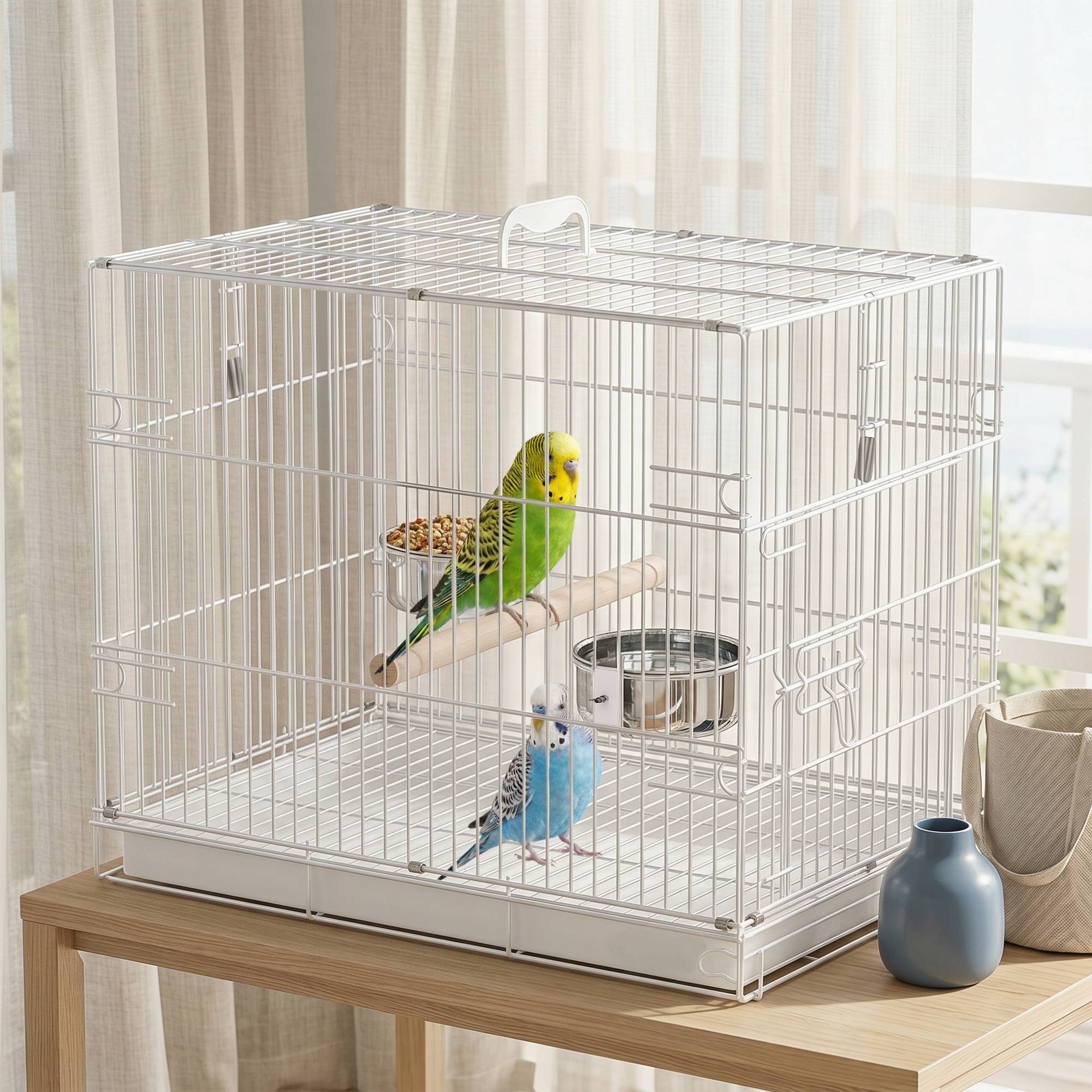 Sans Marque - Tragbarer faltbarer Vogelkäfig für Reisen, mit Sitzstange aus Holz und Edelstahlschalen, geeignet für kleine Vögel - Image 4