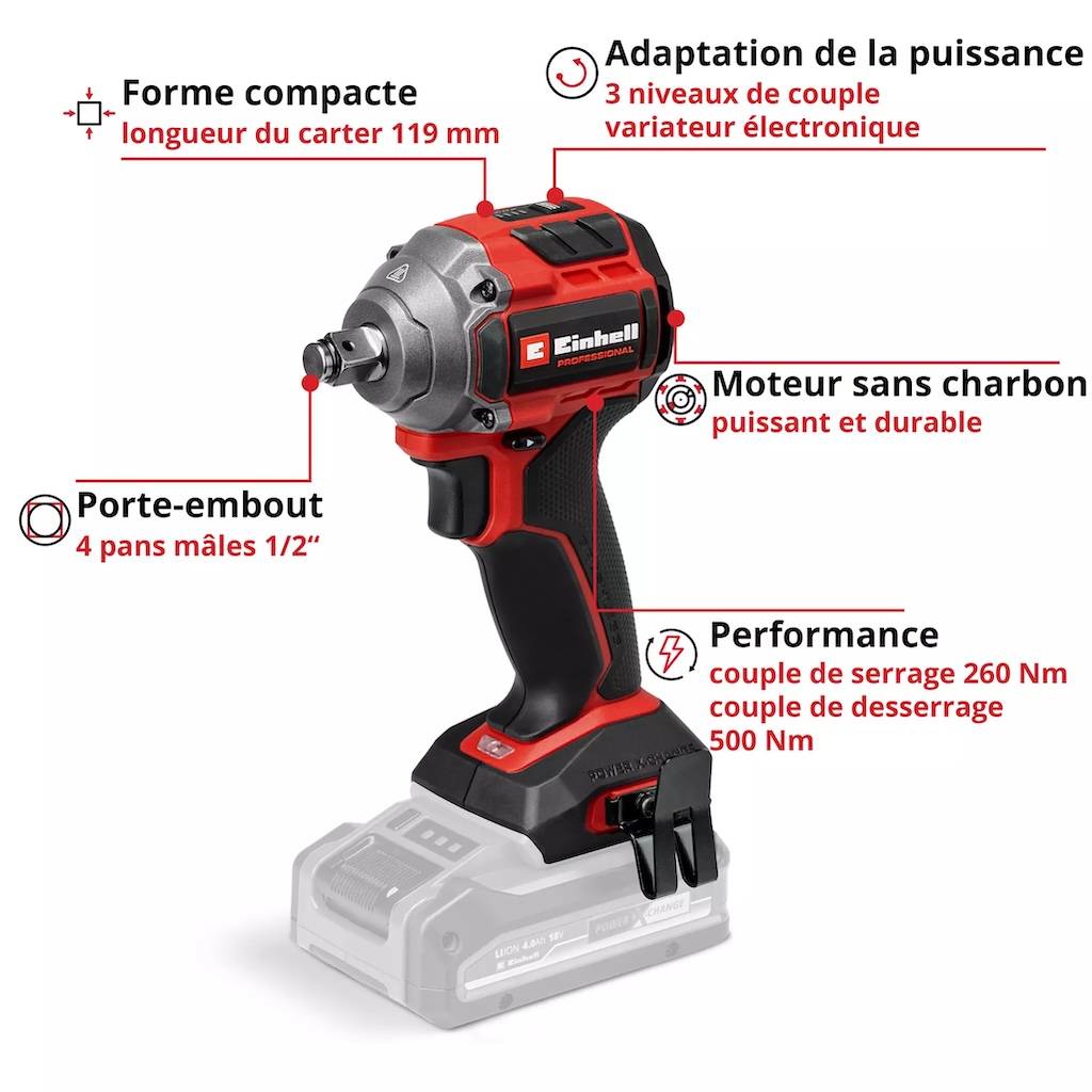 Einhell - Visseuse à chocs sans fil – TP-CW 18/260-C Li BL-Solo - 18 V - 260 Nm - brushless - avec douilles Einhell - Image 4