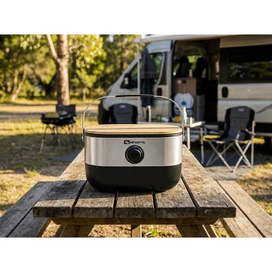 Barbecue à Gaz Portable Compact 2,7kW Grille en Fonte Mini Barbecue de Table Inox Planche à Découper Bois 2 à 4 Personnes Sahara - Image 6