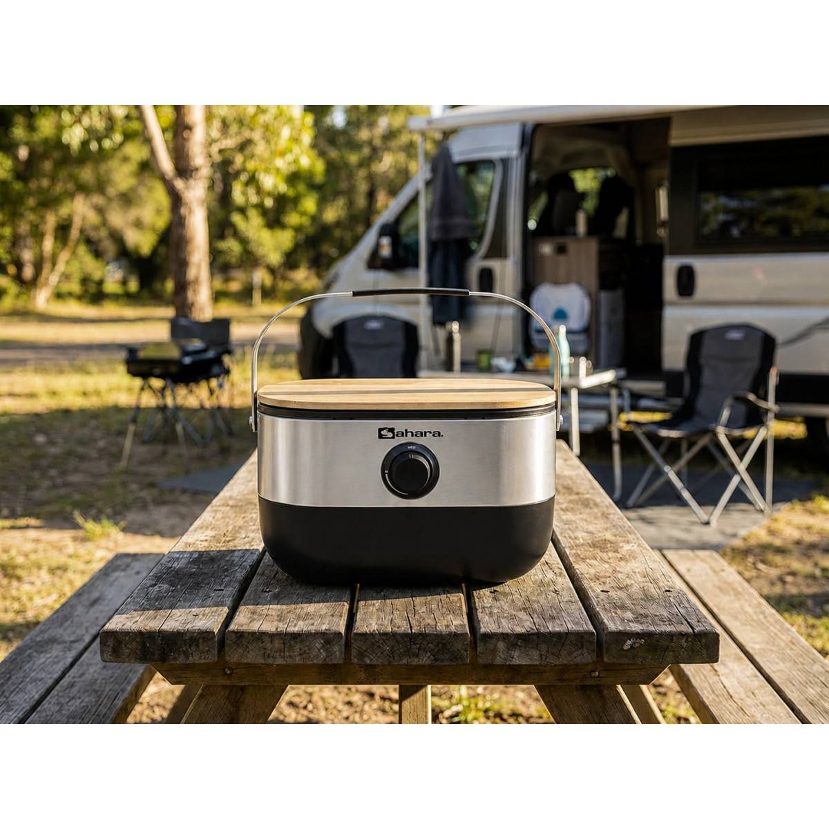 Barbecue à Gaz Portable Compact 2,7kW Grille en Fonte Mini Barbecue de Table Inox Planche à Découper Bois 2 à 4 Personnes Sahara - Image 6