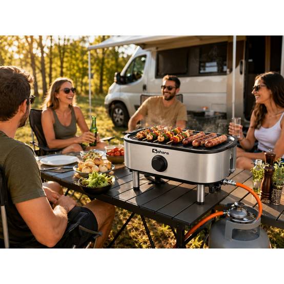 Barbecue à Gaz Portable Compact 2,7kW Grille en Fonte Mini Barbecue de Table Inox Planche à Découper Bois 2 à 4 Personnes Sahara - Image 4